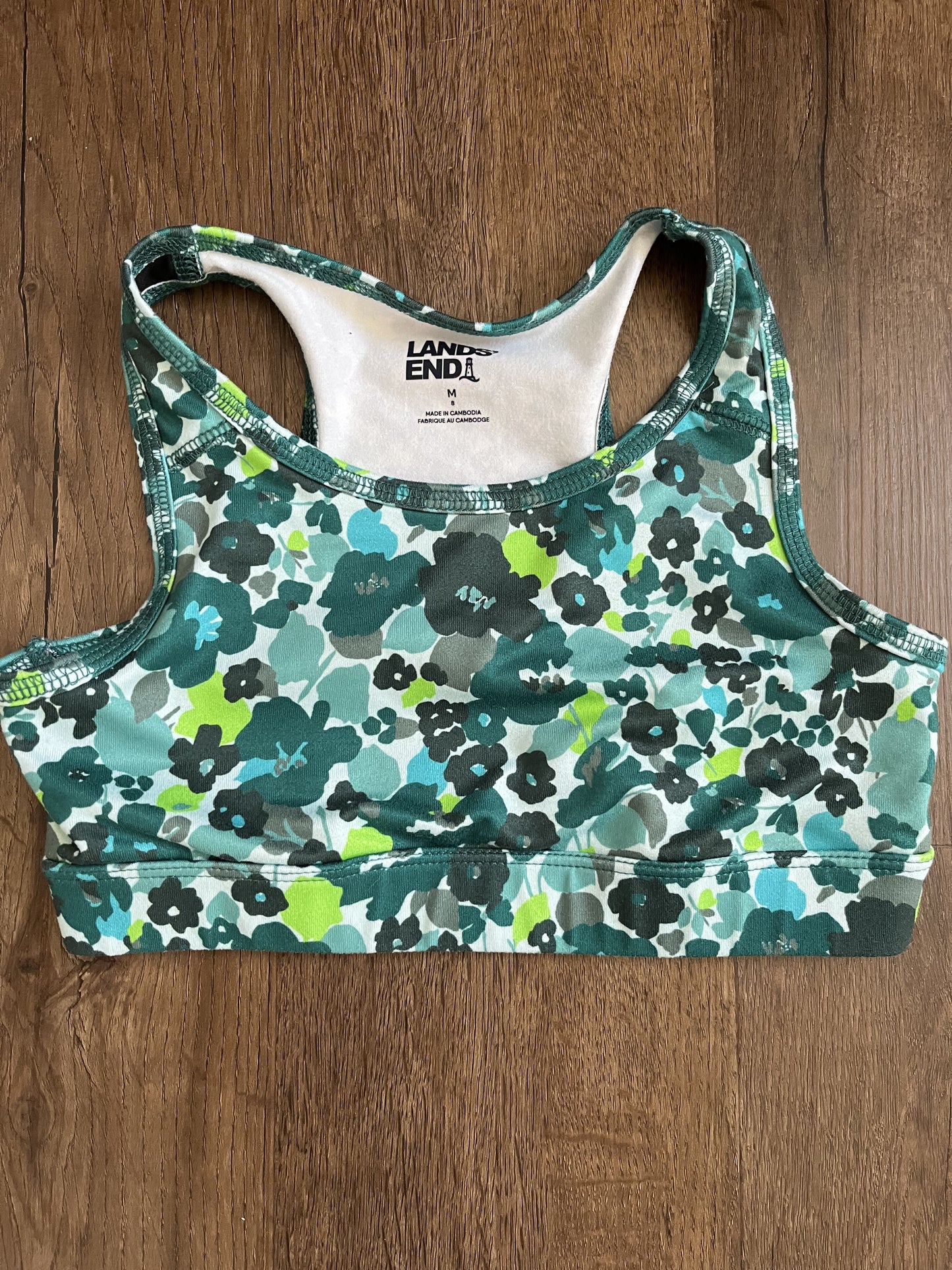 #124 VGUC Lands' End Green Floral Sports Bra Girls Size M 8