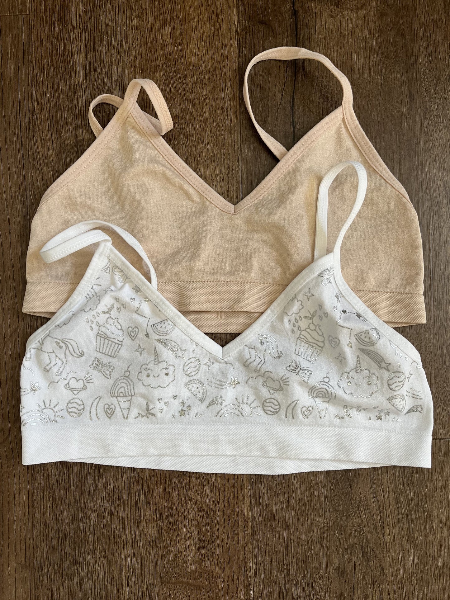 #124 EUC Cat & Jack Beige & White Printed Bras Set of 2 - Girls Size M