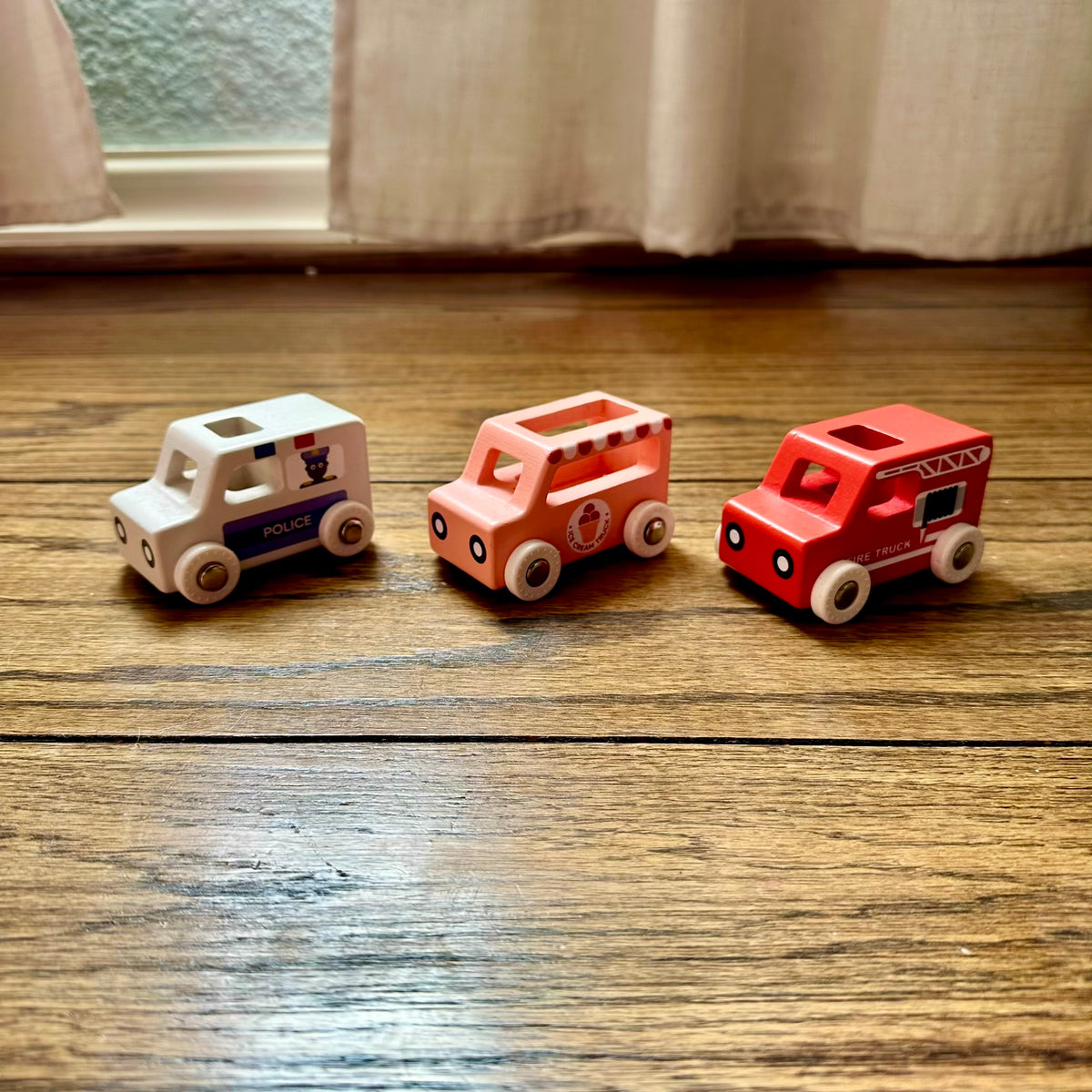 #113 Moover Mini Wooden Toy Cars Set of 3, Firetruck / Ice cream truck / Police Car