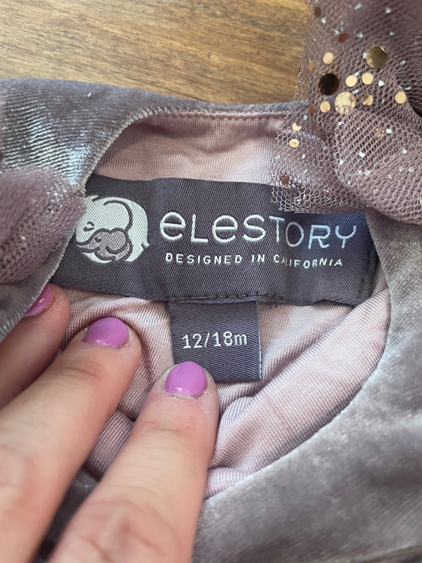 #199 Girls Elestory purple velour dress size 12-18 months EUC