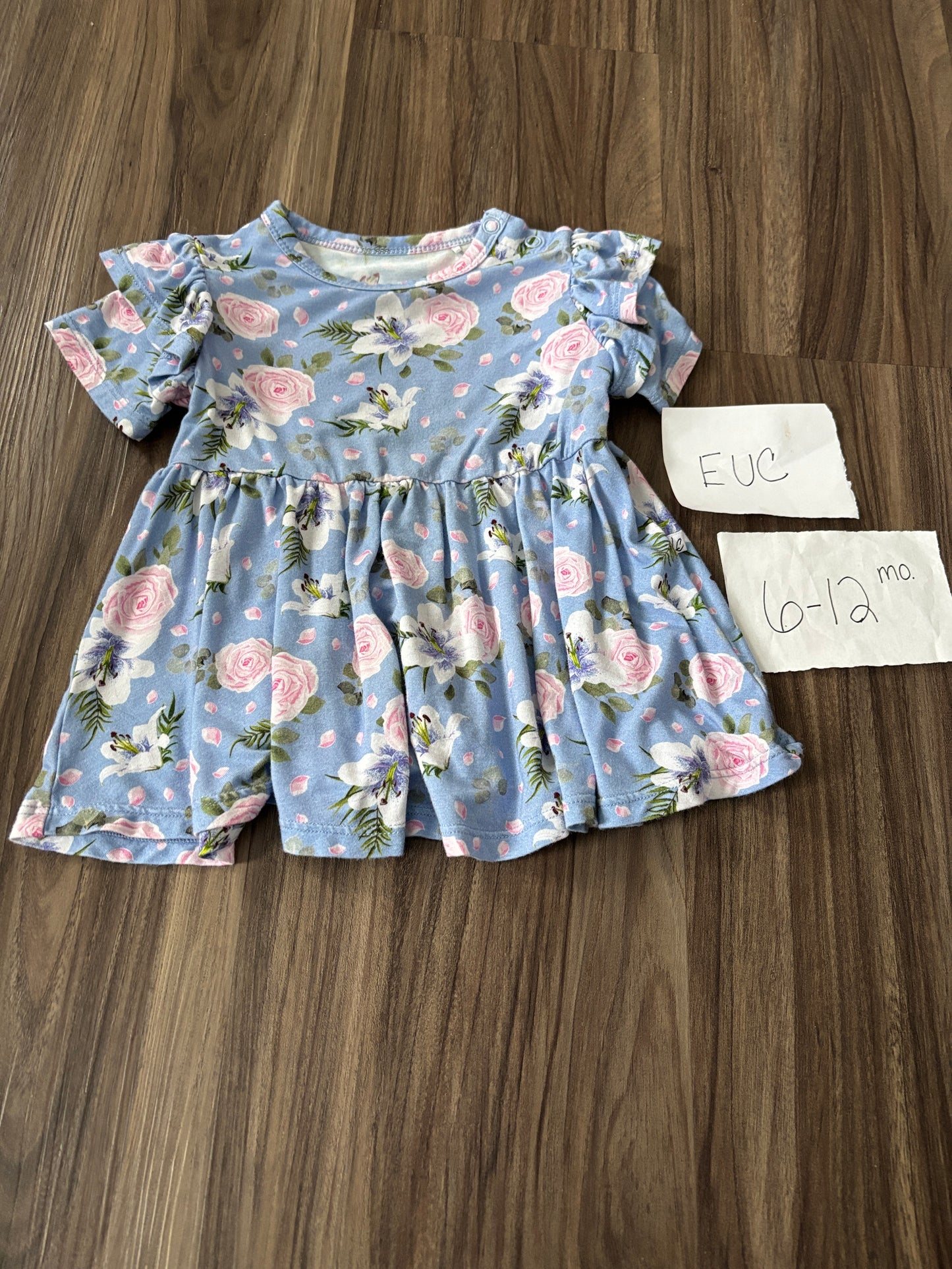 #138 - 6-12 Mo - EUC Laree + Co - Pink/Blue Floral SS Peplum - PU 45236