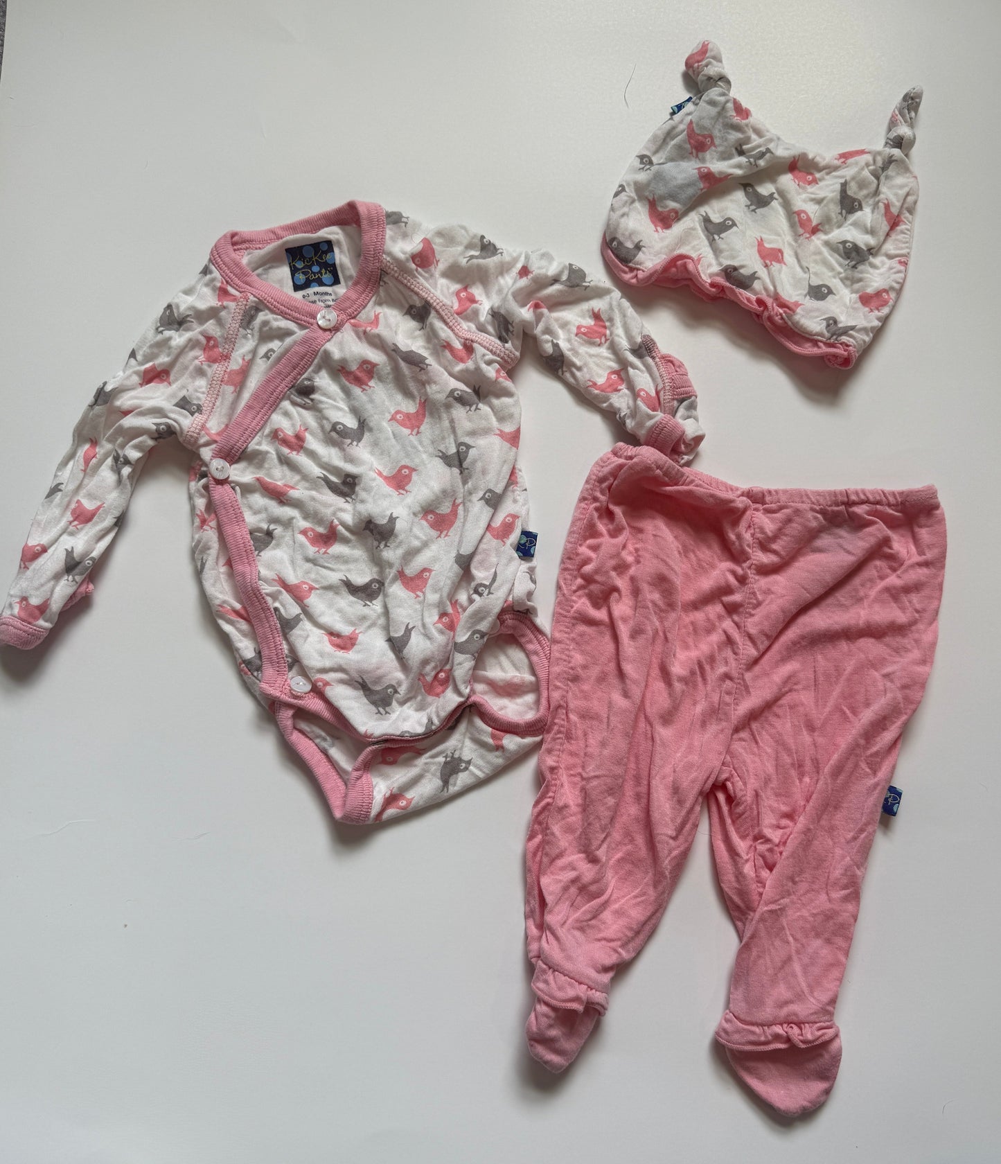 REDUCED #116 Kickee Pants Ruffle Kimono Set pink and gray birds size 0-3 months