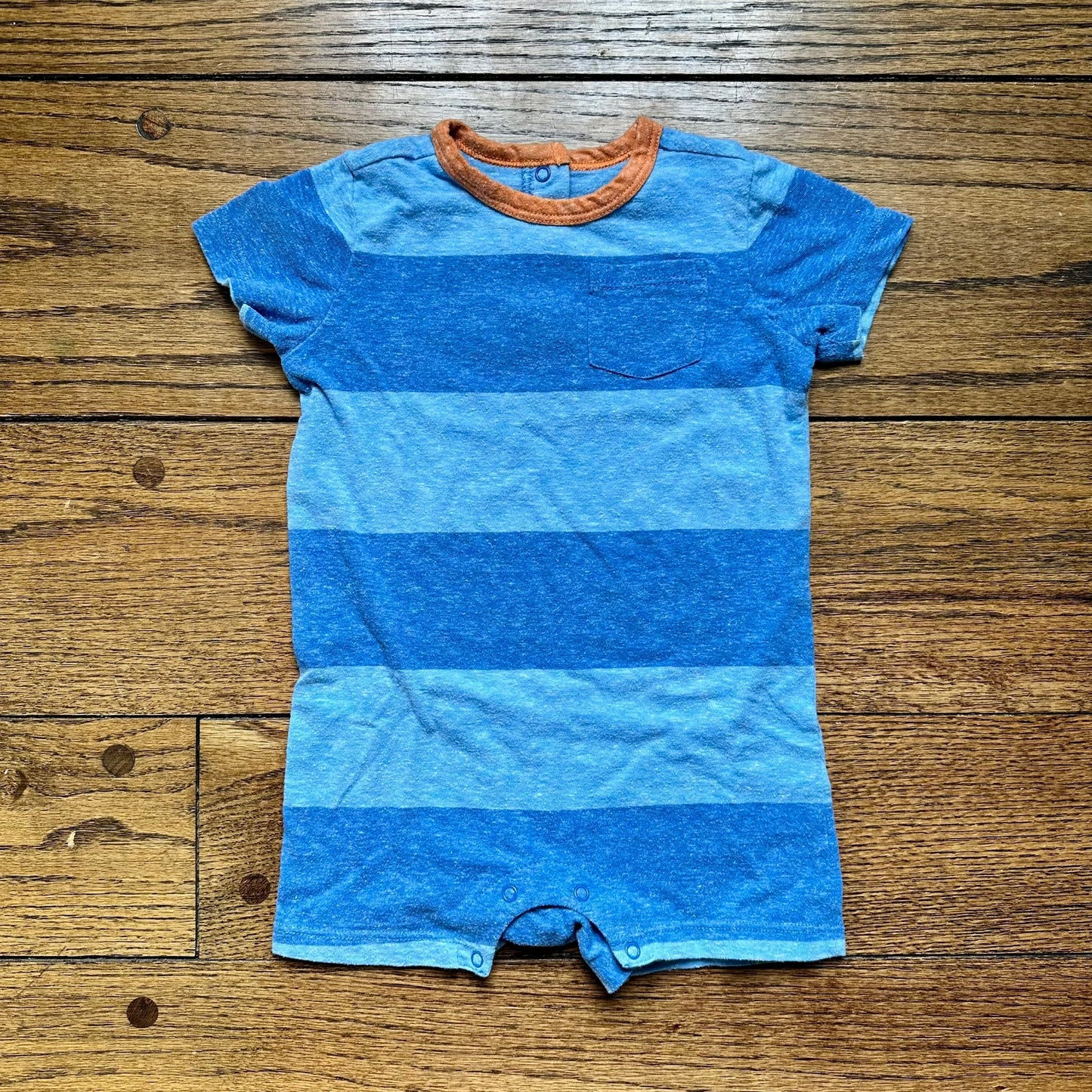 #95 EUC Boys Primary Blue Striped Rugby Short Sleeve Romper, size 12-18 months