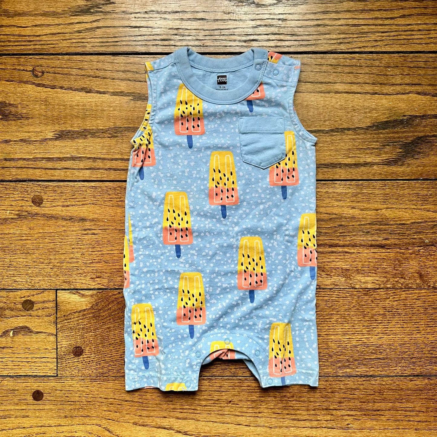 #95 EUC Boys Tea Blue Popsicle Tank Top Romper, size 18-24 months
