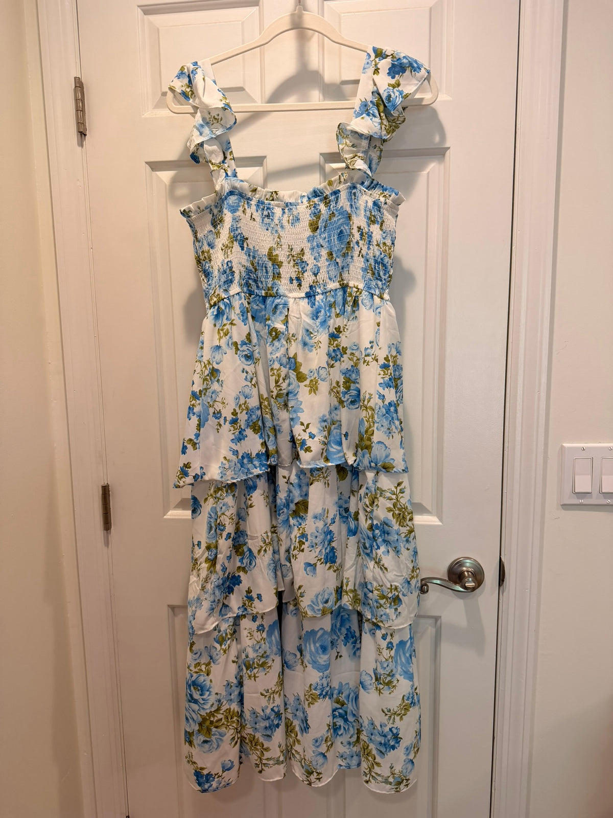 #85 August Sky Blue Floral Tiered Midi Dress, Women's L Off Season