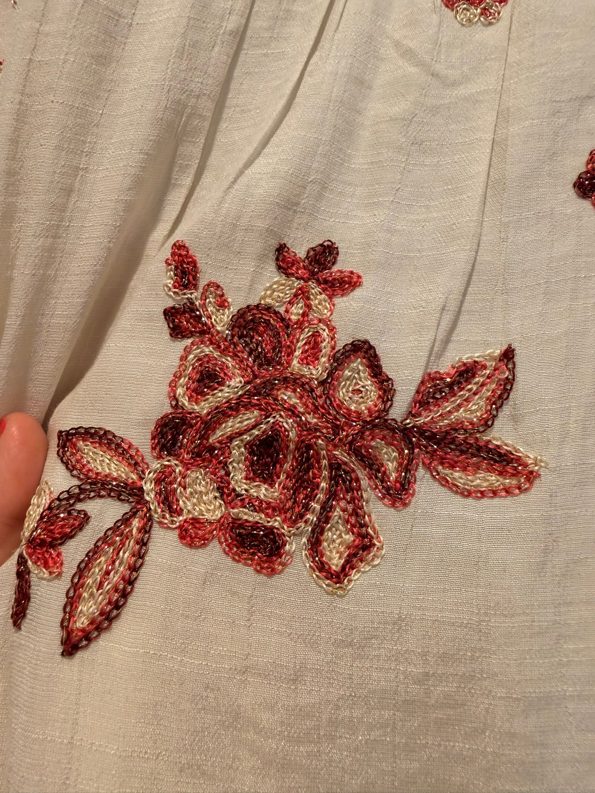 #85 Hope Springs Cream Shirt with Red/Rust Embroidered Flowers, Women's XXL