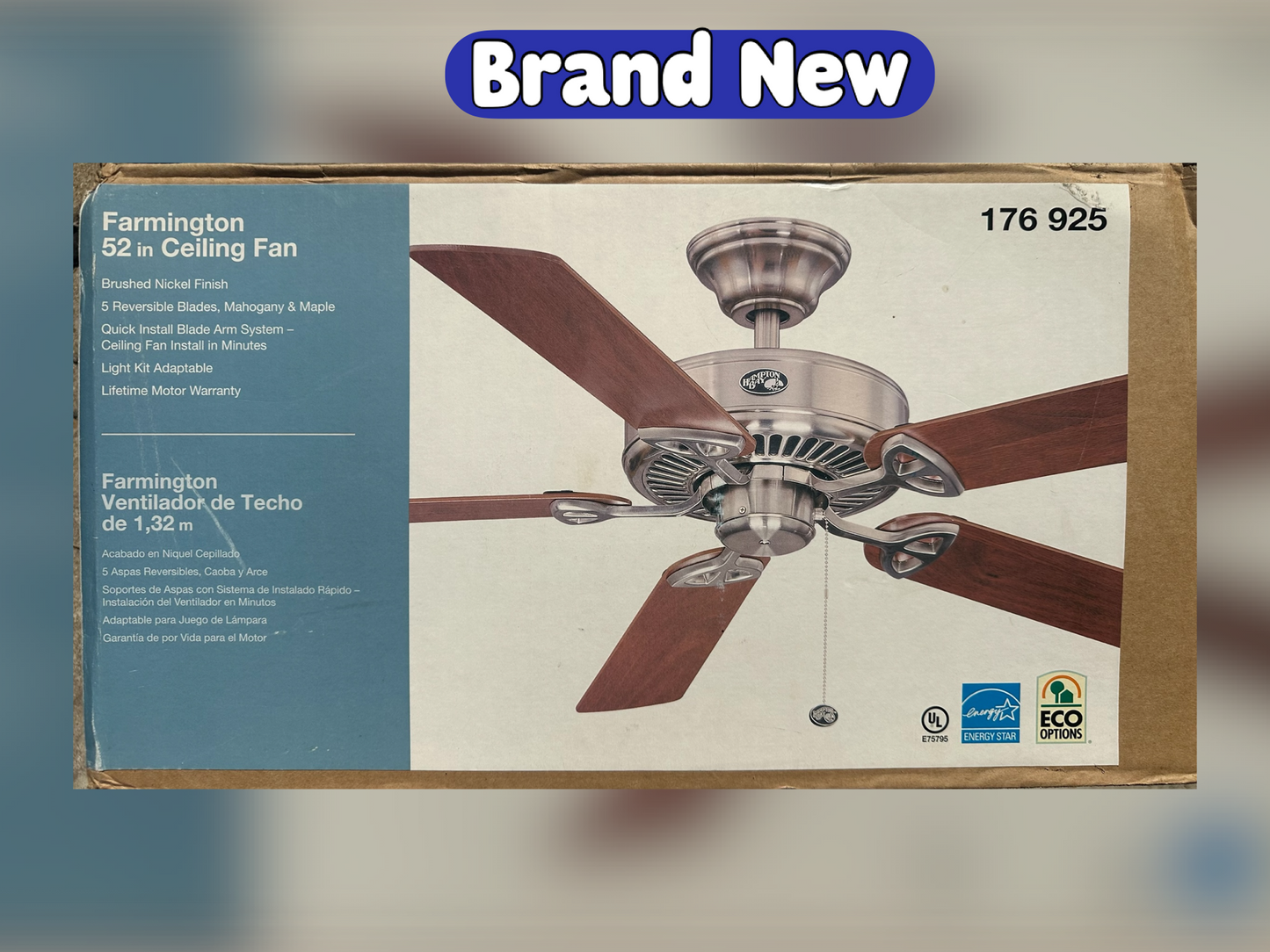 #77 New In Box 52” Farmington Fan w/ Reversible Blades