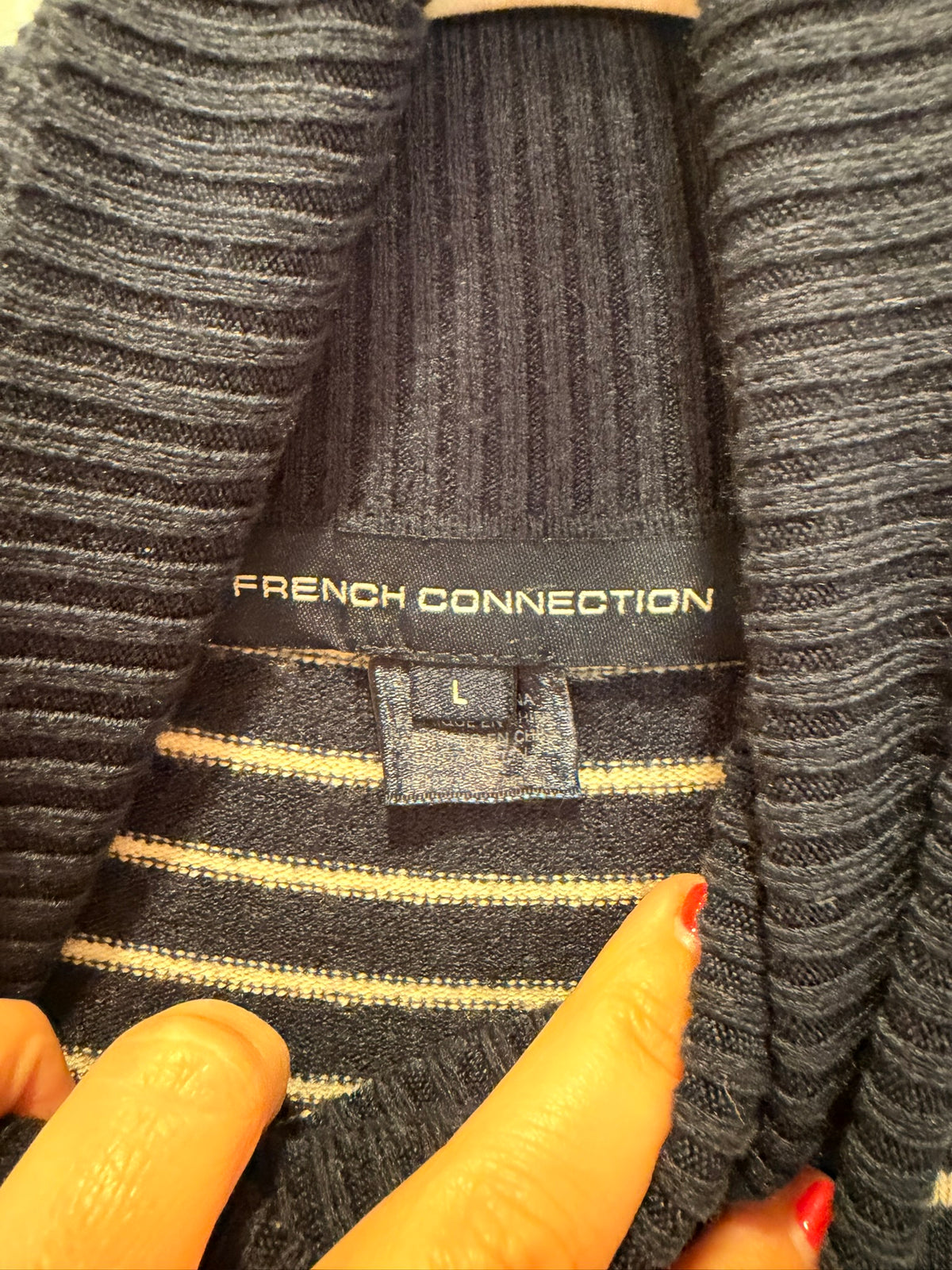#85 French Connection Navy & Cream Turtleneck Sweater, Women's L