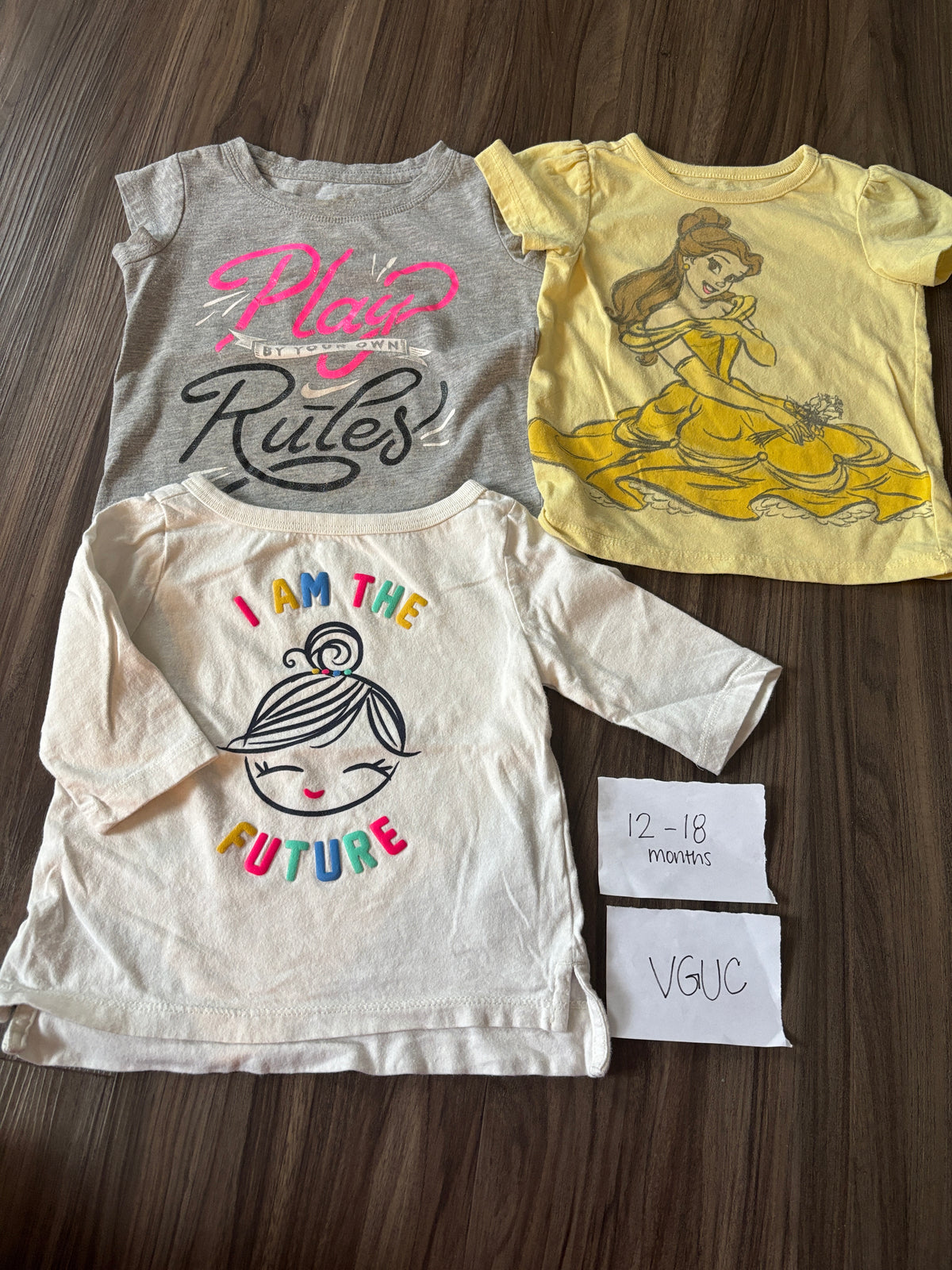 #138 - 12-18 Mo VGUC (3) Shirts (play by rules, belle, future)