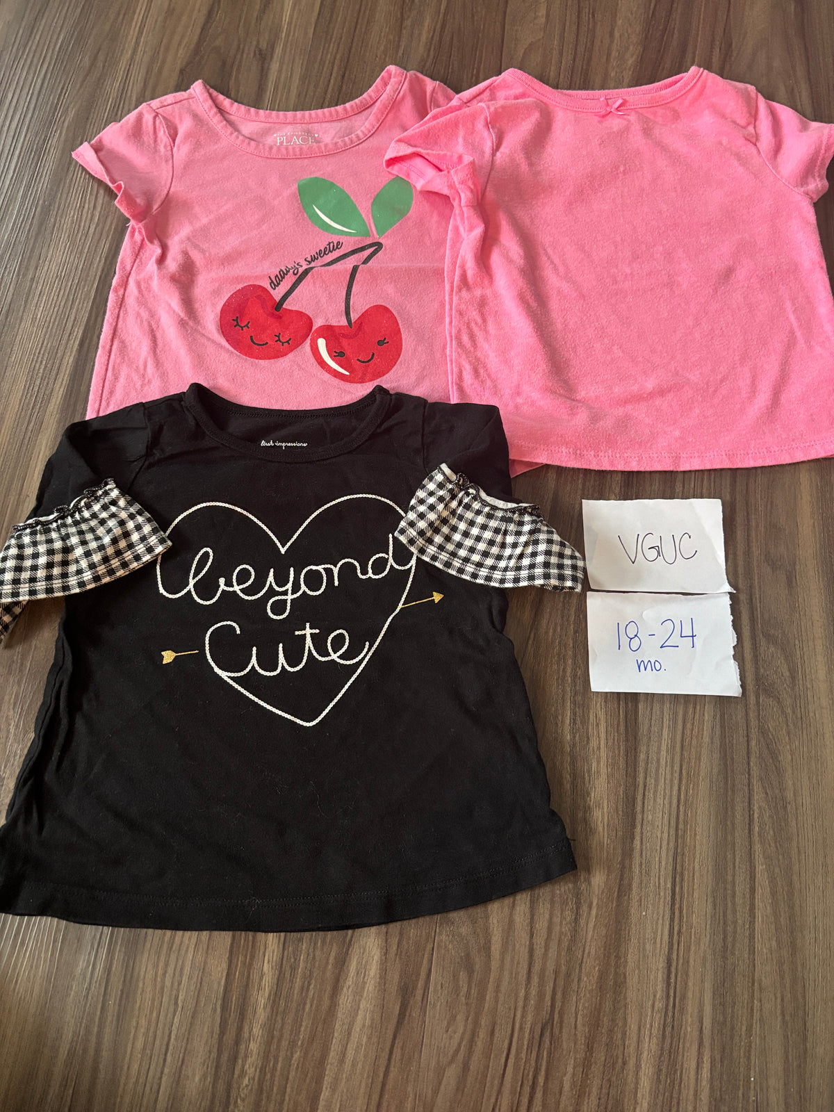 #138 - 18-24 Mo VGUC (3) Shirts (Pink, beyond cute, cherries)