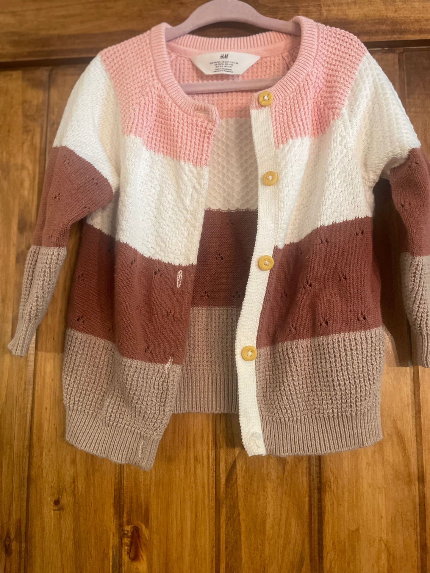 #177 H&M Girls Cardigan Pink White Brown 3-4 Year