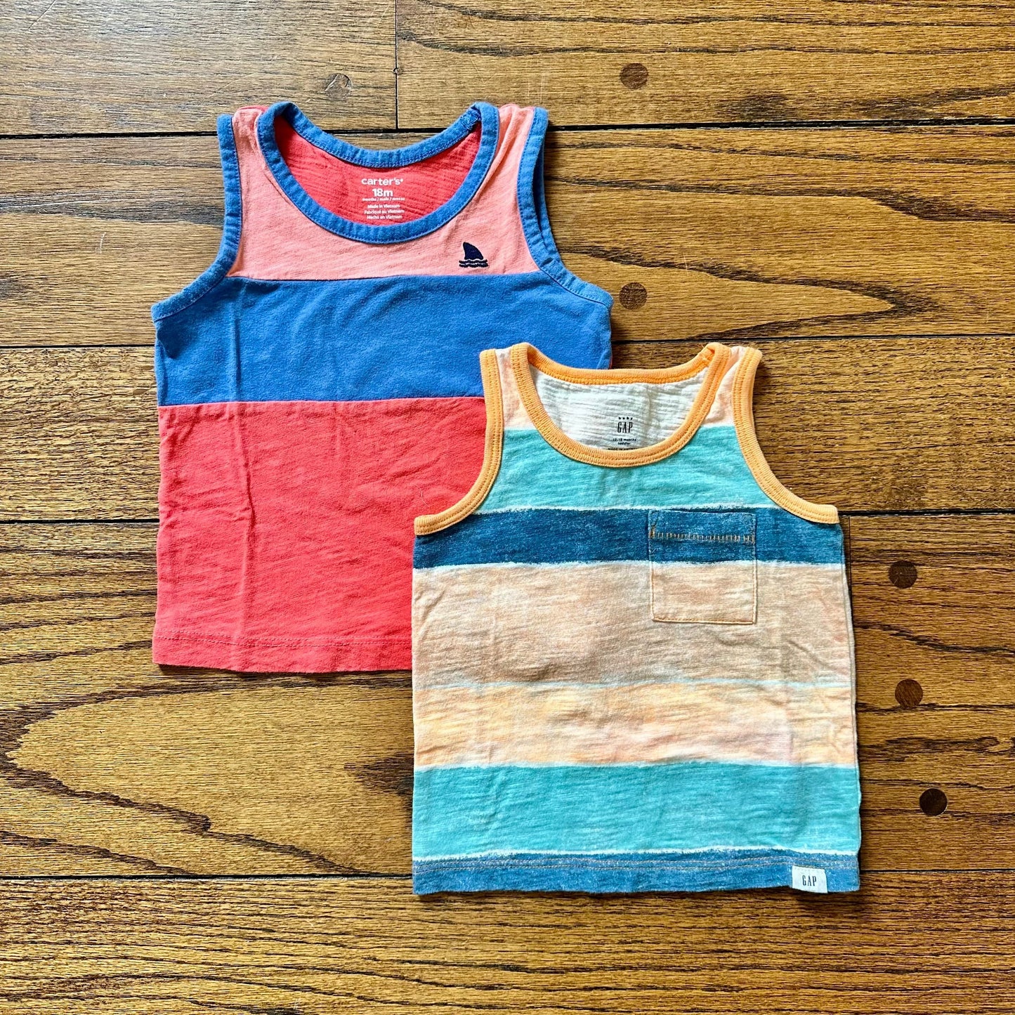 #95 EUC Boys Gap Orange Striped and Carters Salmon Striped Tank Tops, set of 2, size 18 months