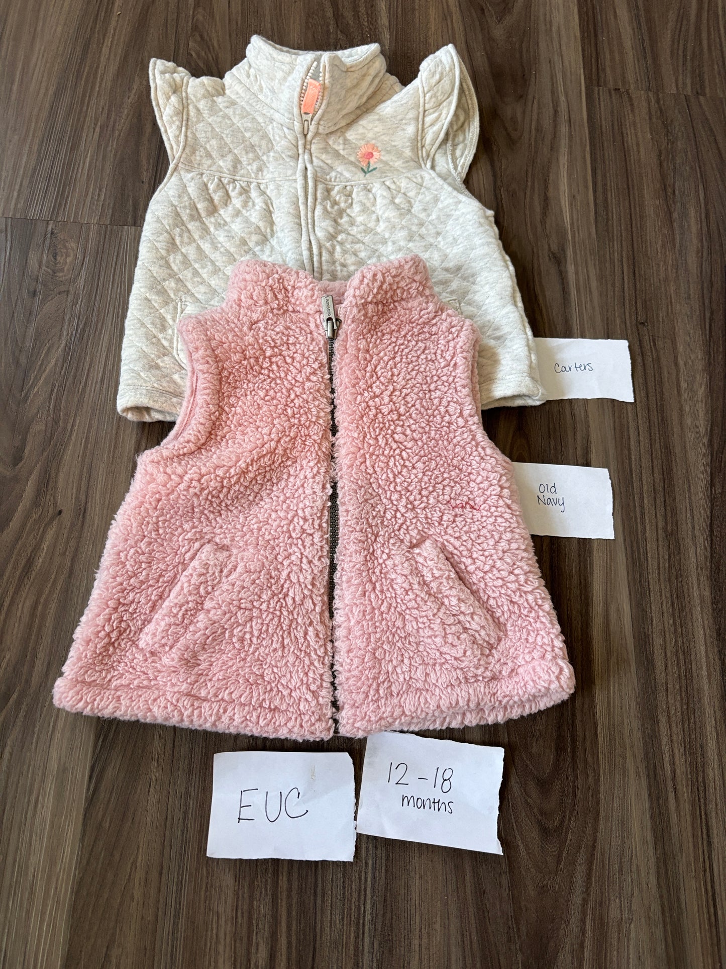 #138 - 12-18 Mo - EUC Old Navy + carters - 2 Vests (grey + Pink fuzzy) - PU 45236