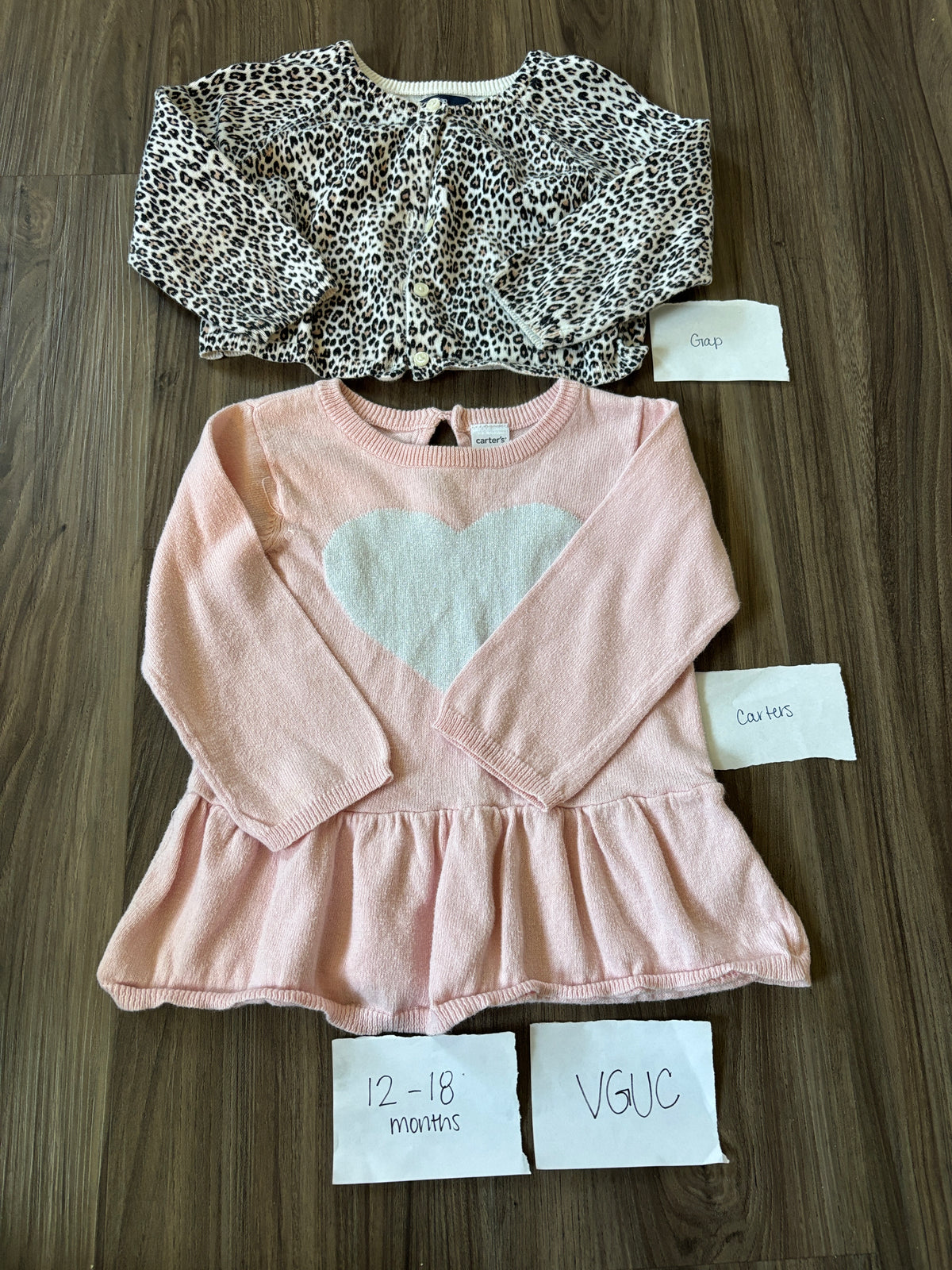 #138 - 12-18 Mo VGUC (2) Sweaters (Gap Cheetah + Carters Heart Peplum)