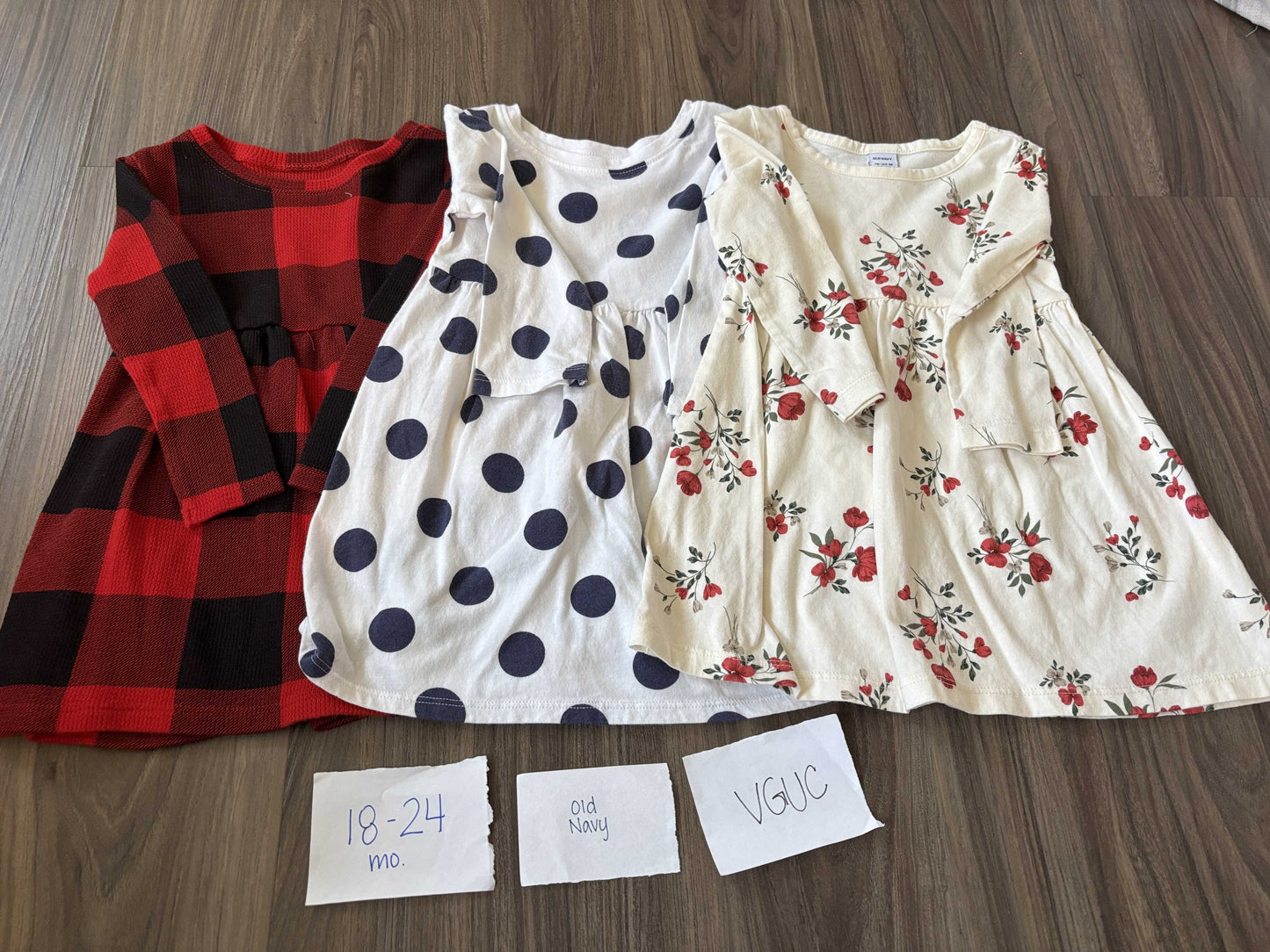 #138 - 18-24 Mo - VGUC Old Navy - 3 Pack LS Dresses (red plaid, navy dot, floral) - PU 45236
