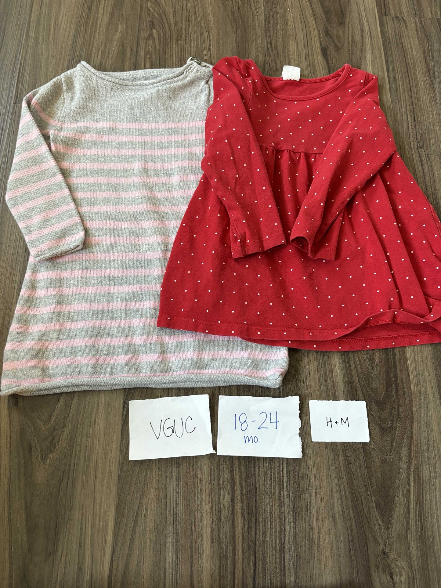 #138 - 18-24 Mo - VGUC 2 Pack LS Dresses (grey striped sweater dress + red dot) - PU 45236
