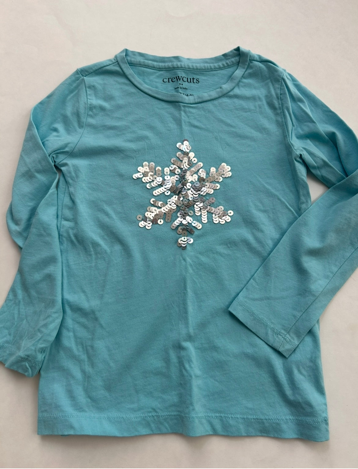 #200 Girls size XS 4/5 Crewcuts light blue snowflake sequins shirt