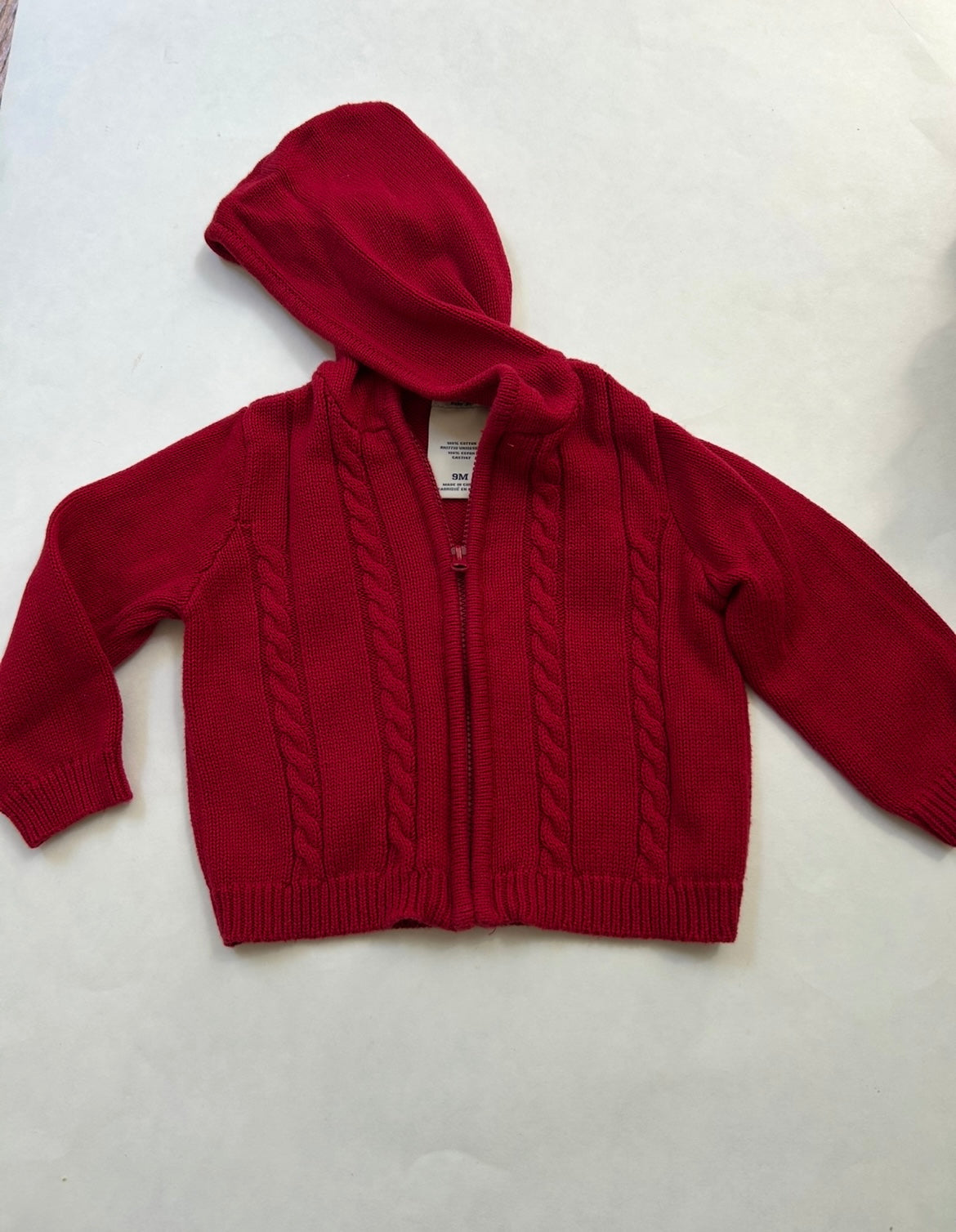 #200 Girls size 9 month Cherokee Red cable knit full zip sweater with hood