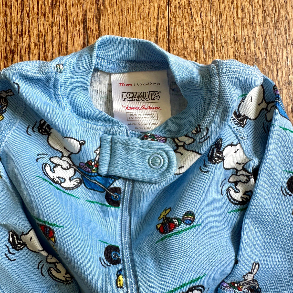 #113 EUC Boys Hanna Andersson Blue Peanuts Snoopy Easter Sleeper, size 6-12 months
