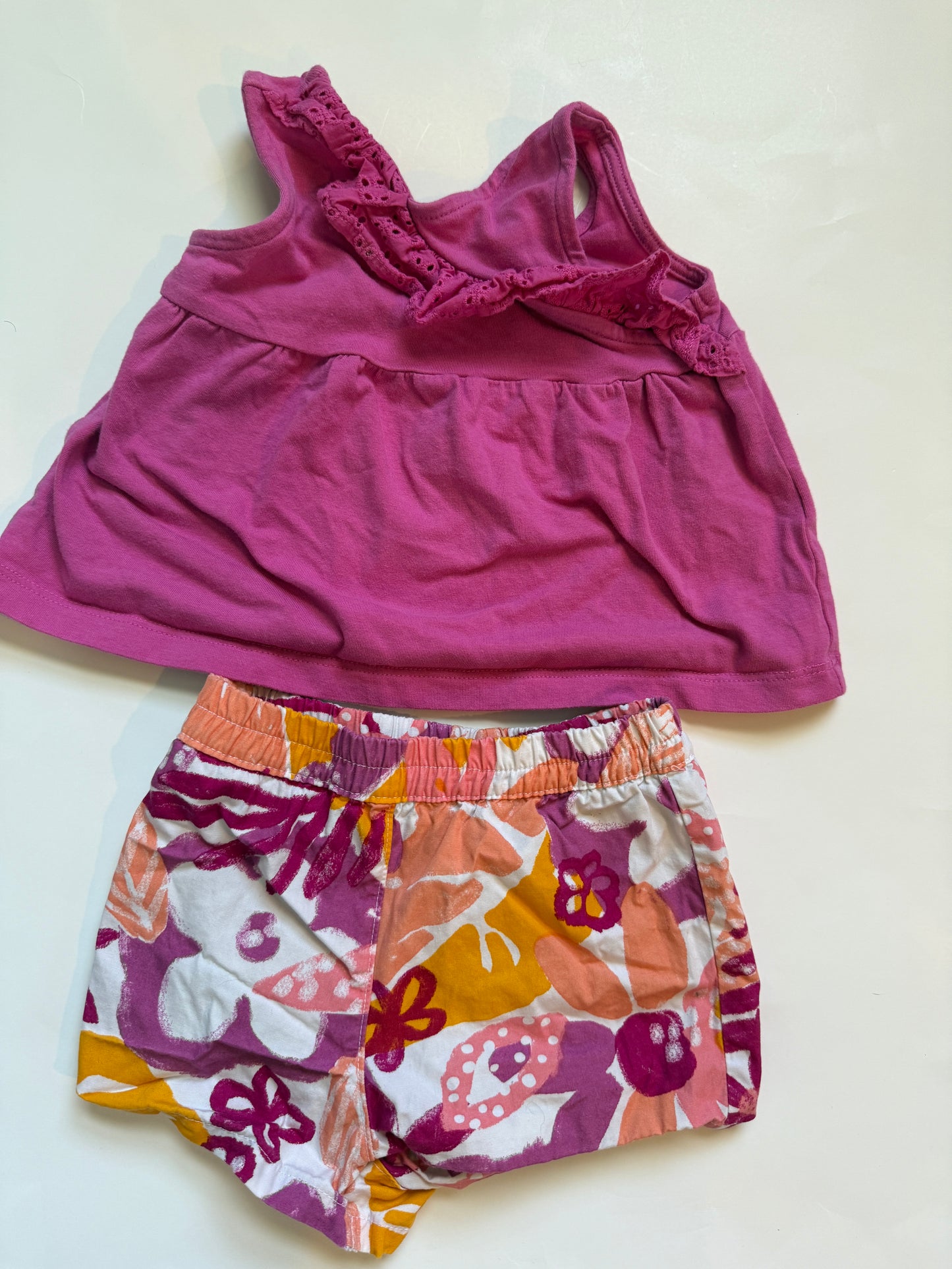 #116 Carters pink and floral tank and shorts outfit girls size 12 months