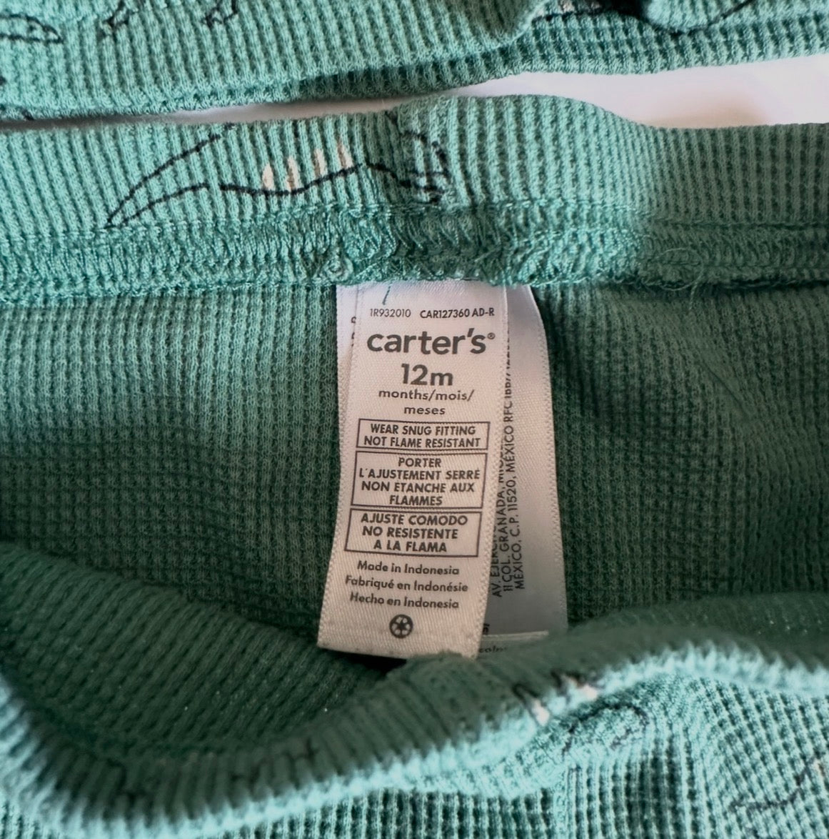 #146 Carter's Green Dinosaur Waffle Knit Pajama Set Boys 12M