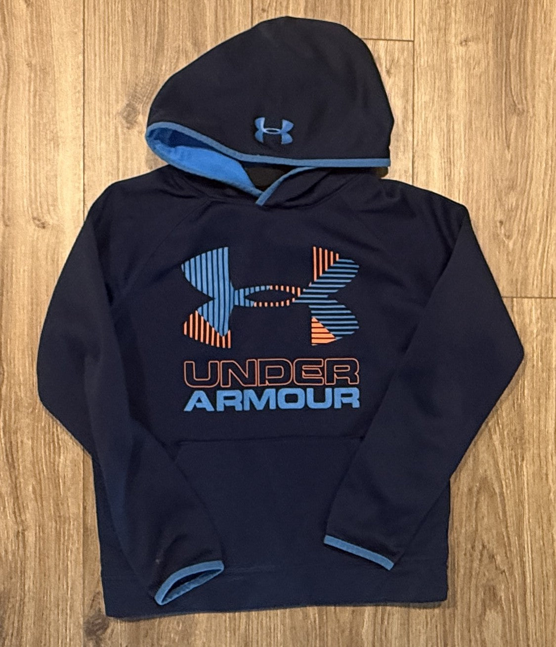 Seller #100 Boys Size YMD Under Armour Blue and Orange Logo Hooded Sweatshirt