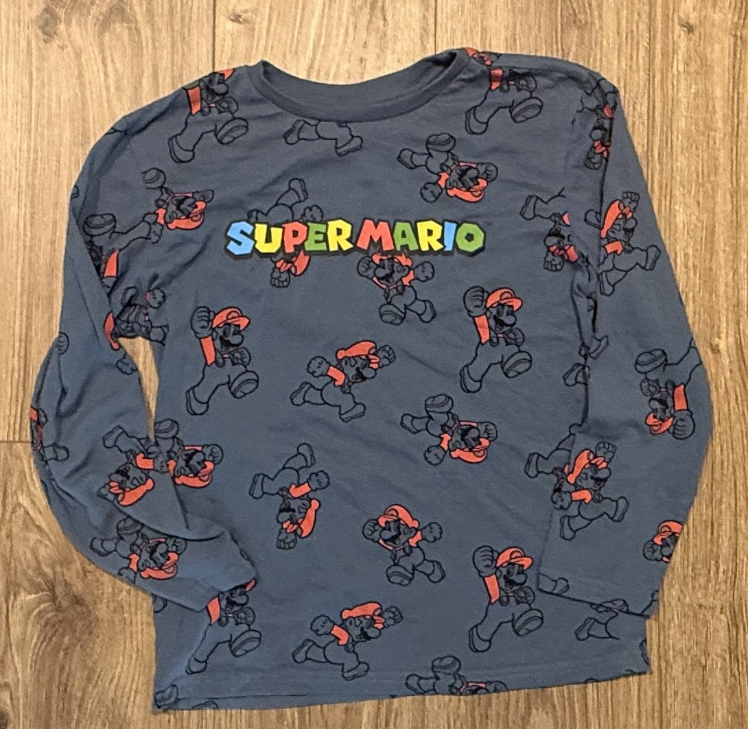 Seller #100 Boys Size Large Super Mario Blue with Mario Repeated Long Sleeve Shirt