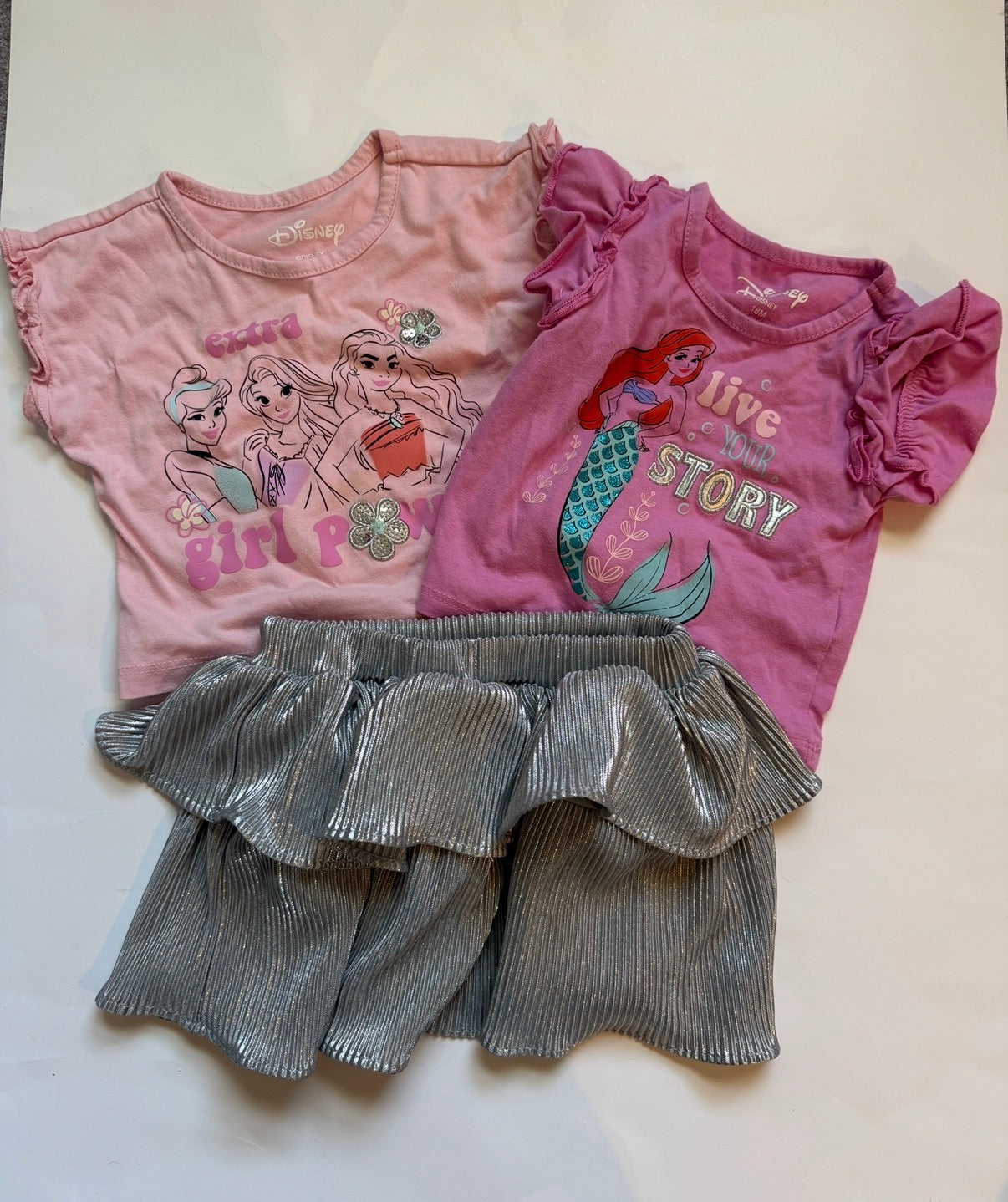 #116 Disney 2 Princess shirts and matching silver skirt girls 18 months