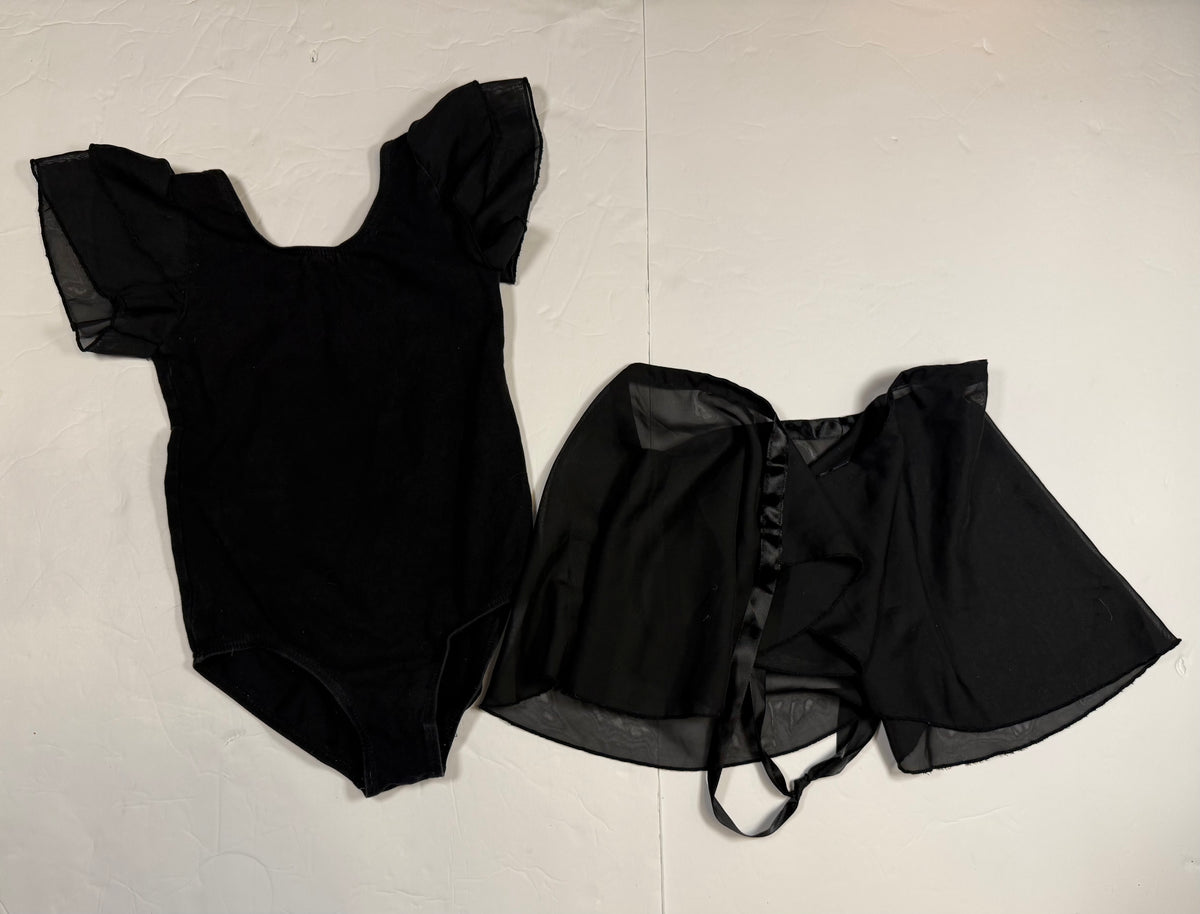 #141 Girls 4/5 Black leotard with chiffon sleeves and wrap chiffon skirt