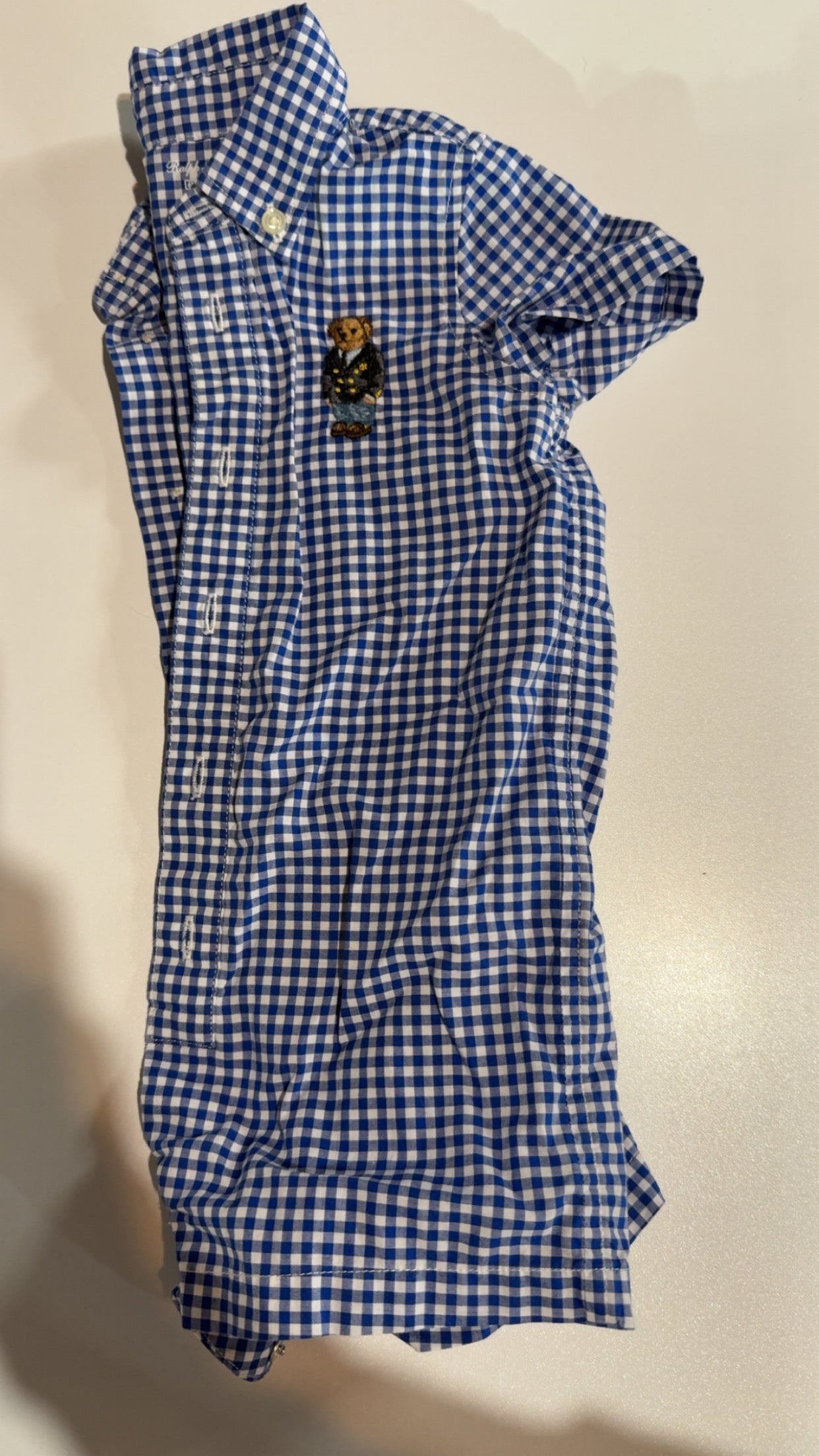 #49 Boys Polo blue/white checkered romper 6 months EUC