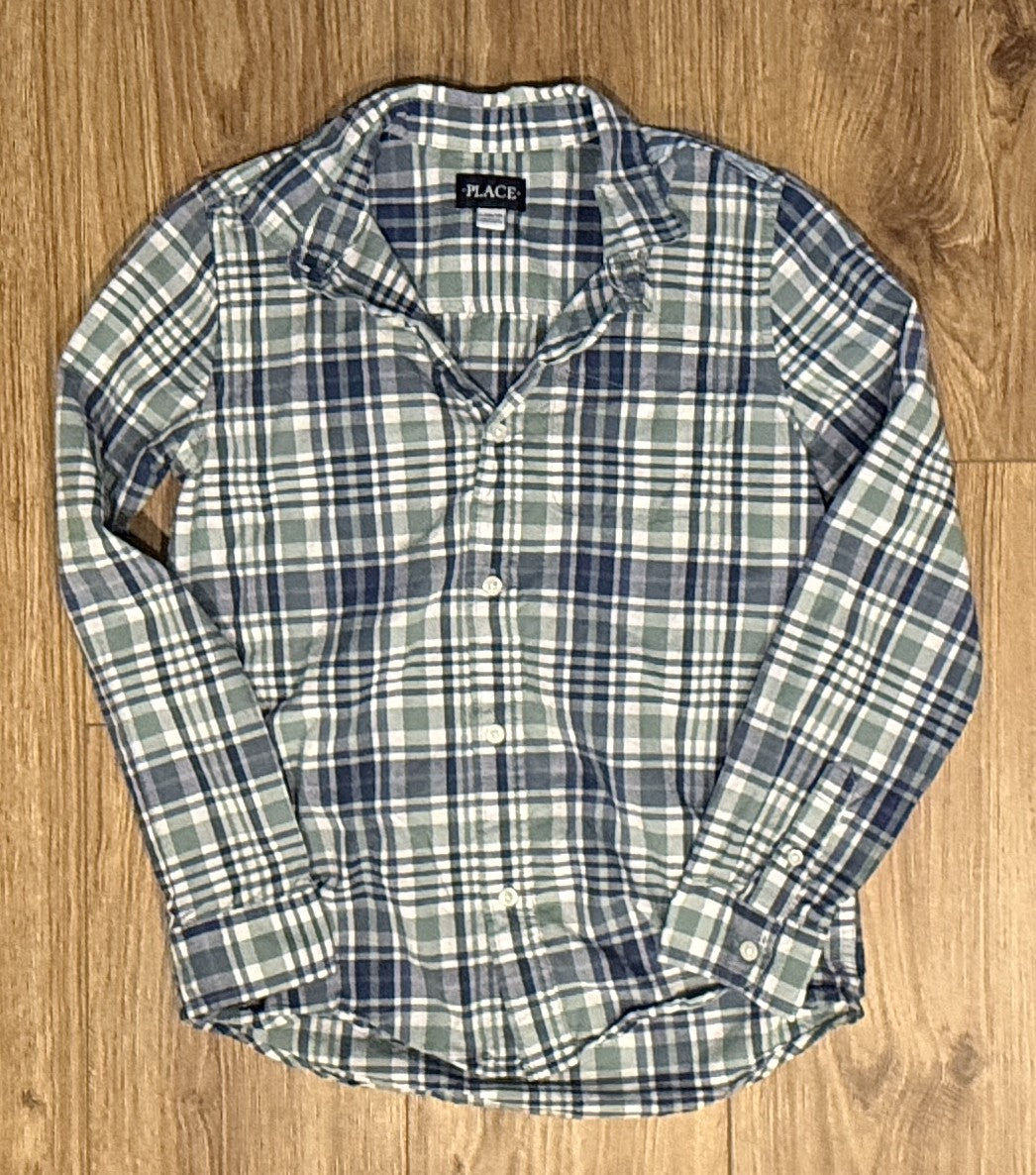 Seller #100 Boys Size L 10/12 Children's Place Green/Blue Plaid Button Down