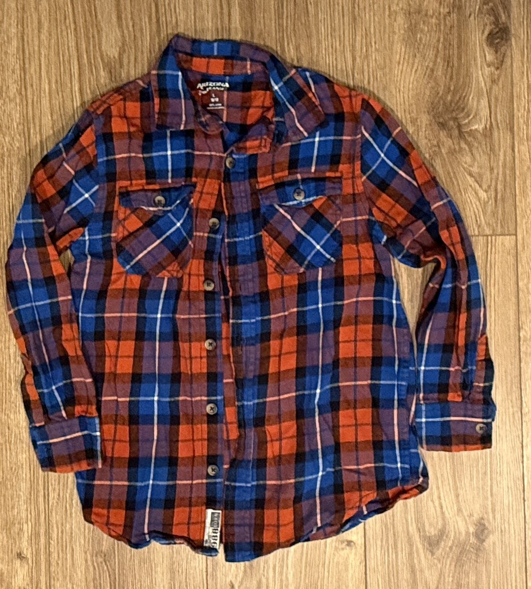 Seller #100 Boys Size L 10/12 Arizona Jean Co Blue and Orange Flannel Button Down
