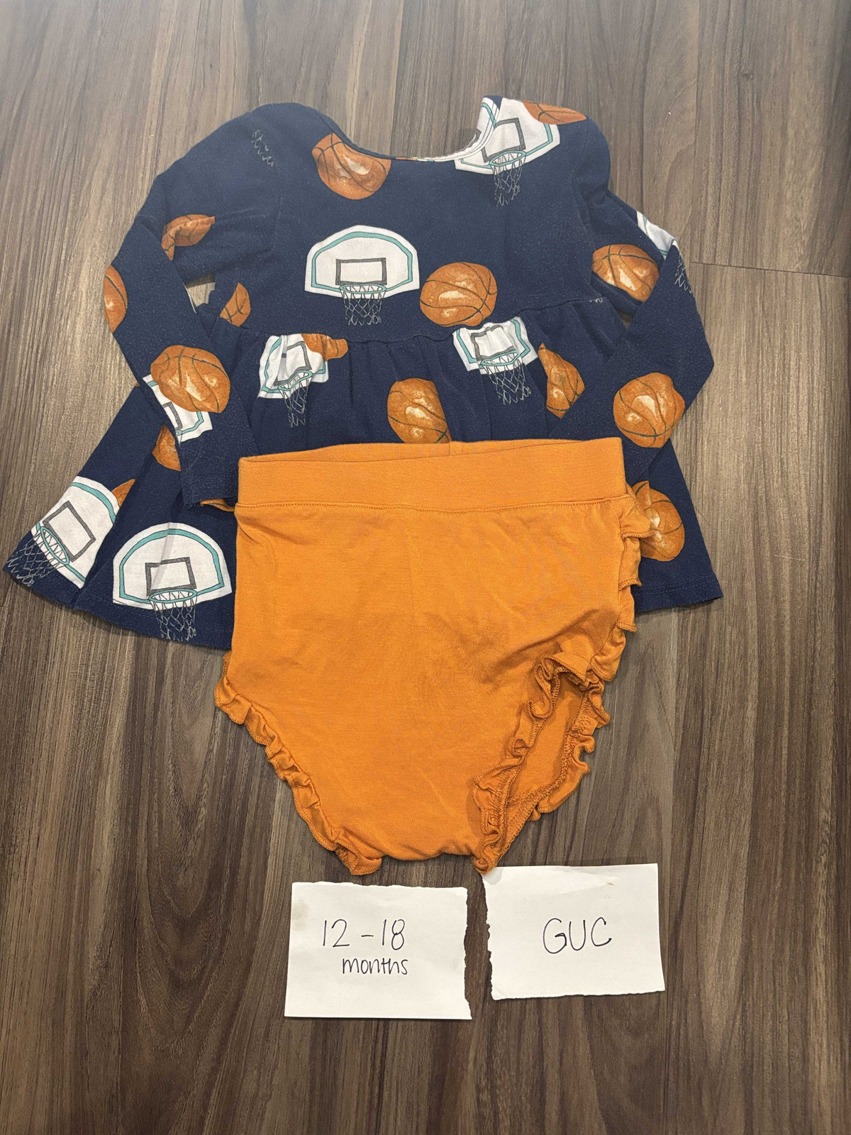 #138 - 12-18 Mo GUC Bamboo (Posh Peanut) Swish Basketball LS Peplum w/Bummies