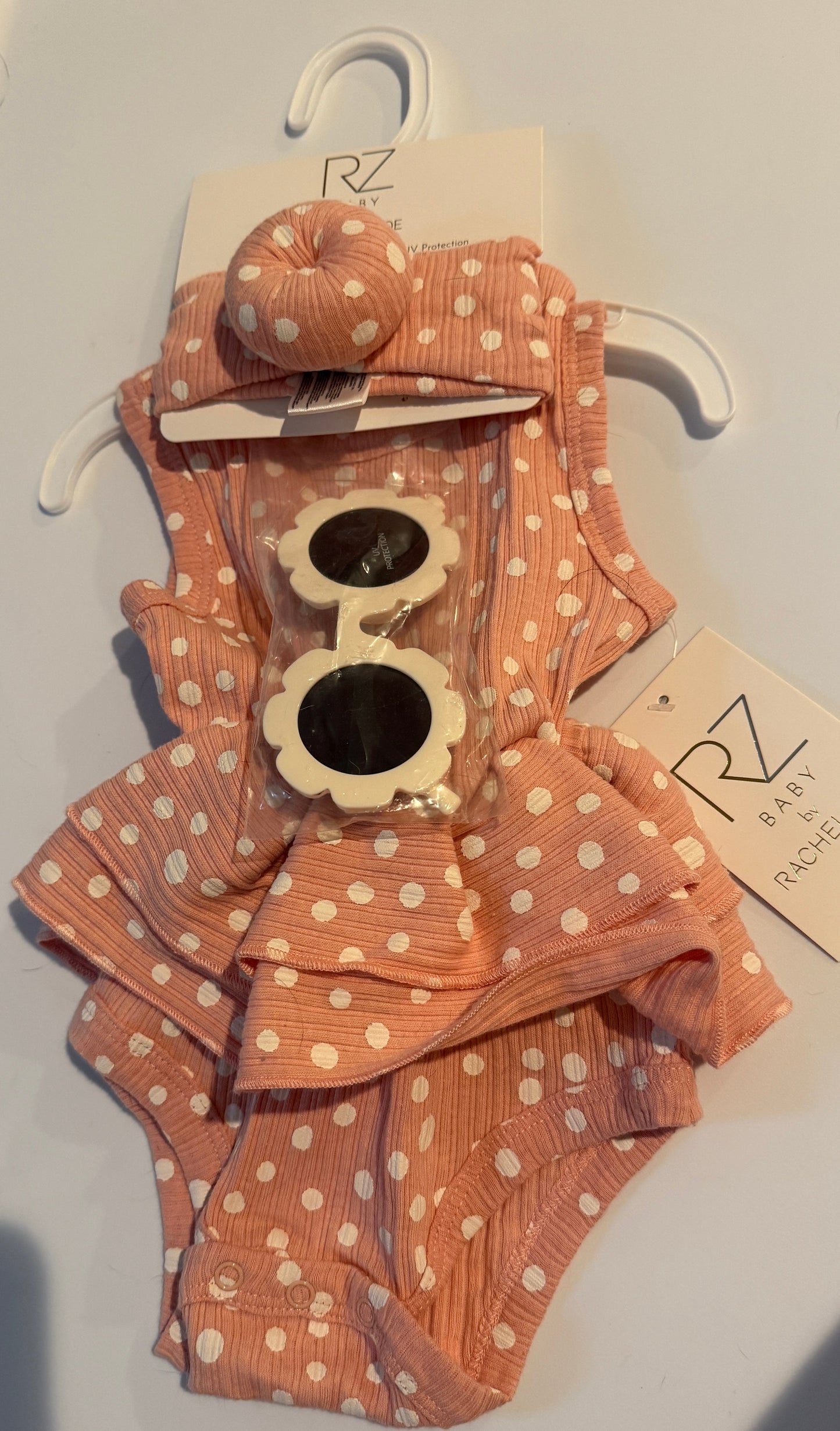 RZ Baby by Rachel Zoe 3 piece pink polka dot romper, sunglasses and headband NWT girls 6-9 months