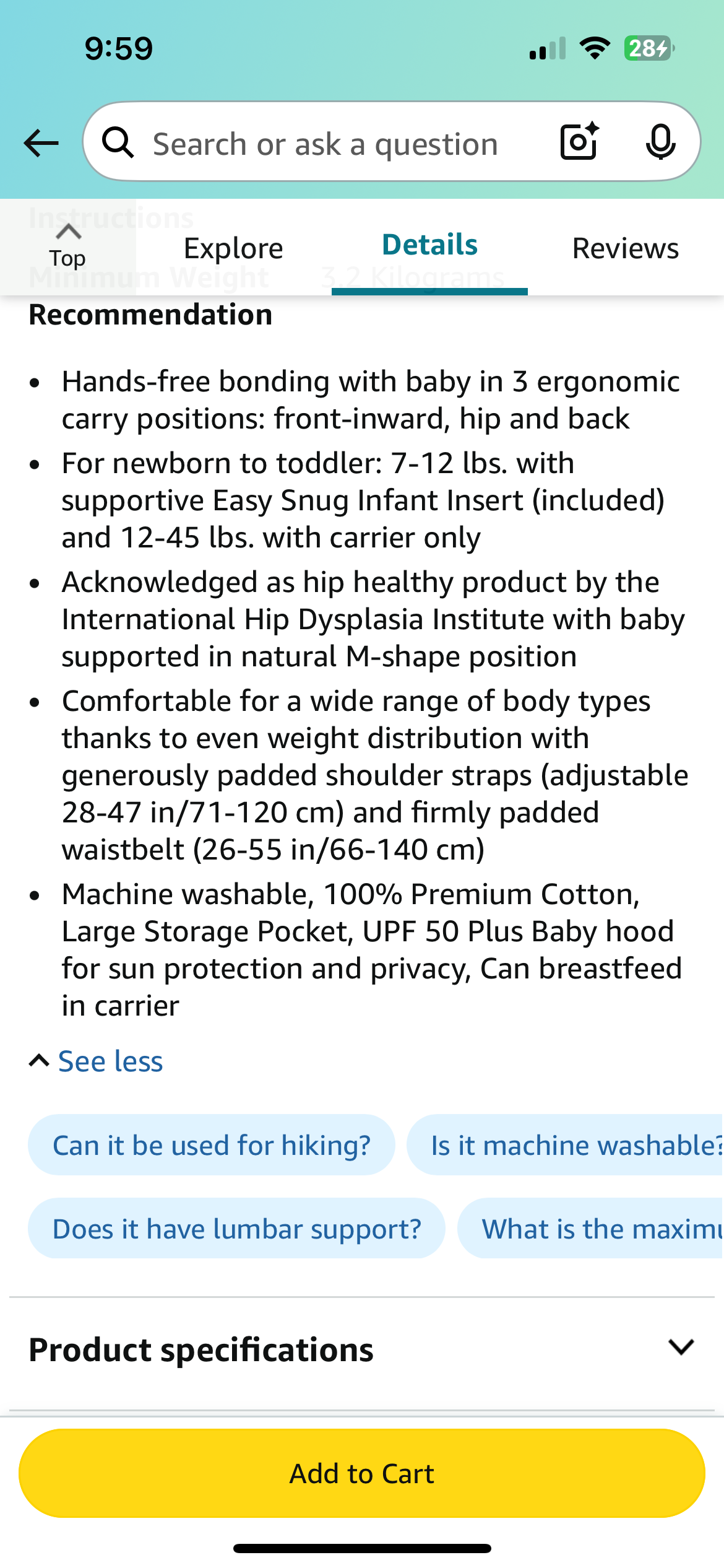 #110 Ergobaby 3 Position Black Baby Carrier