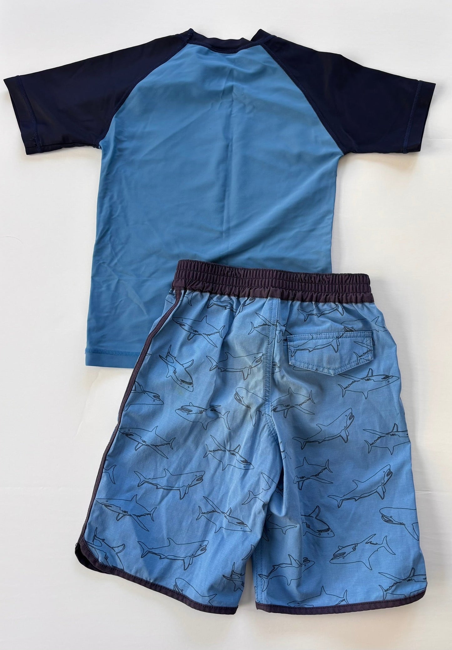 #84 Hanna Andersson Shark Swim Shirt Board Shorts Set Boys Size 8