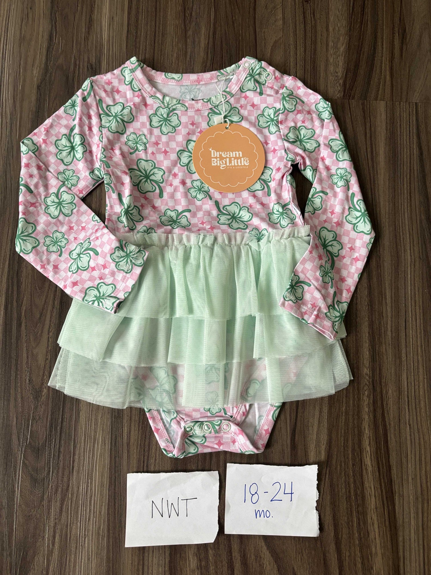 #138 - 18-24 Mo NWT Dream Big Little Co (Bamboo) Shamrock Tutu LS bodysuit Twirl