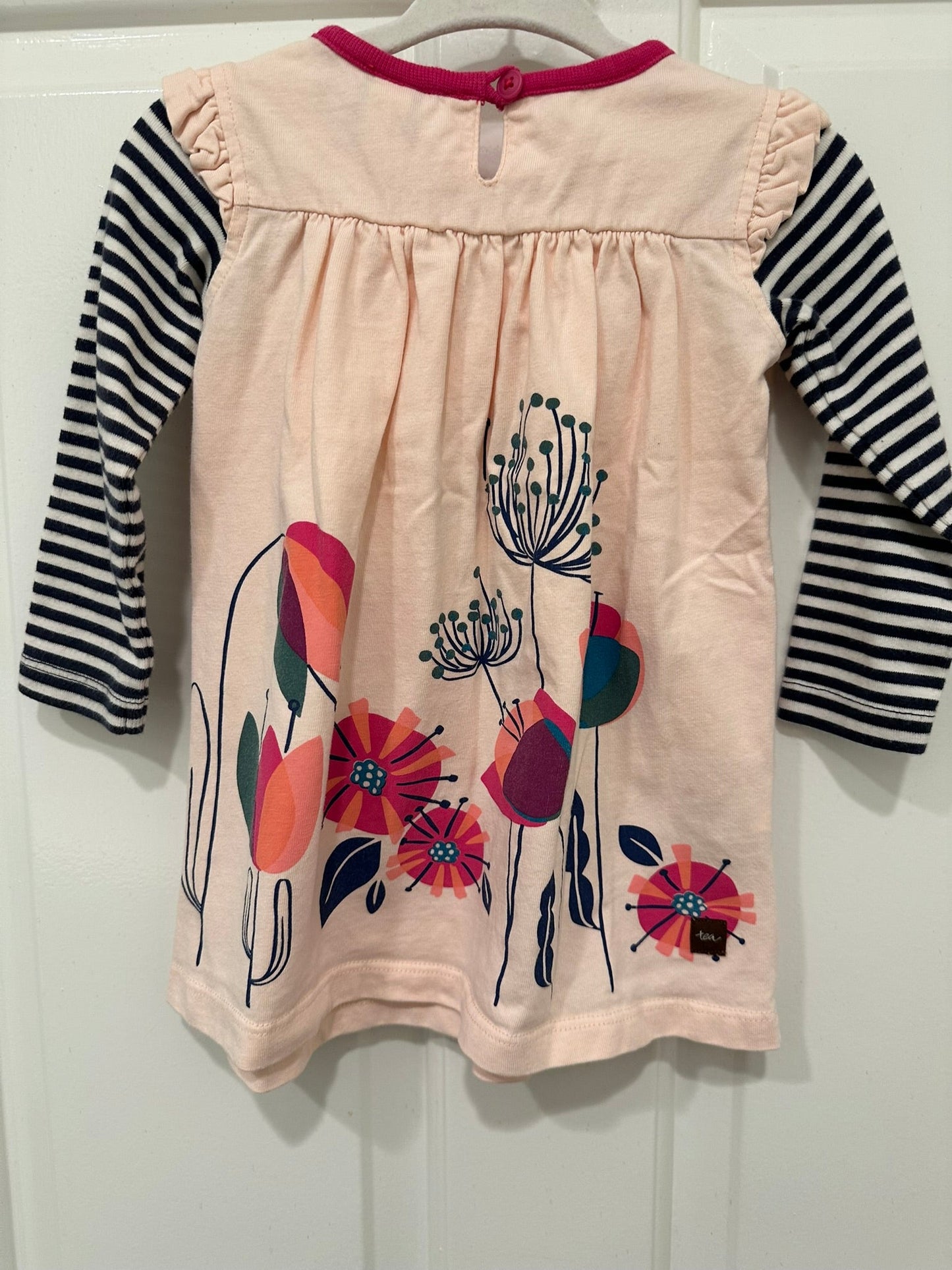 #85 REDUCED Tea Long Sleeve Flower stripe dress, infant girls 9-12m