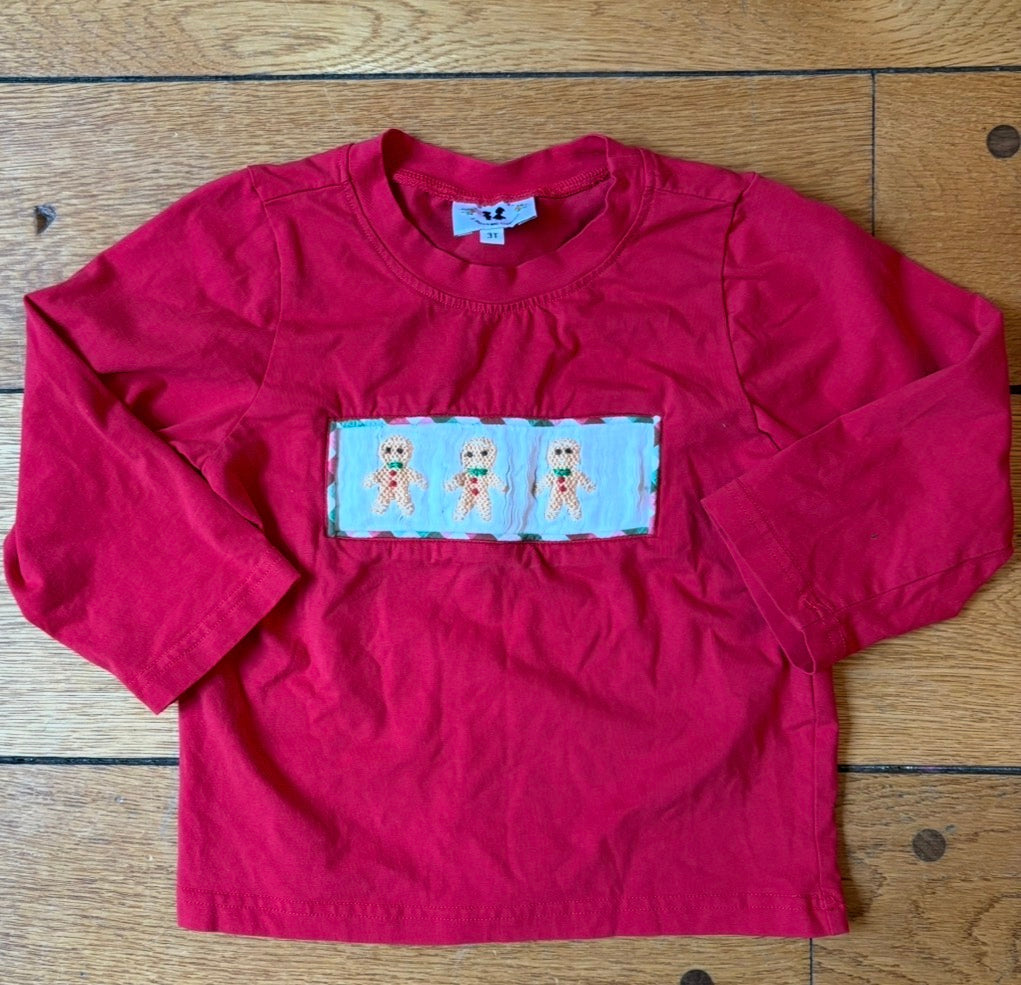 #22 Boys red smocked holiday gingerbread shirt size 3t