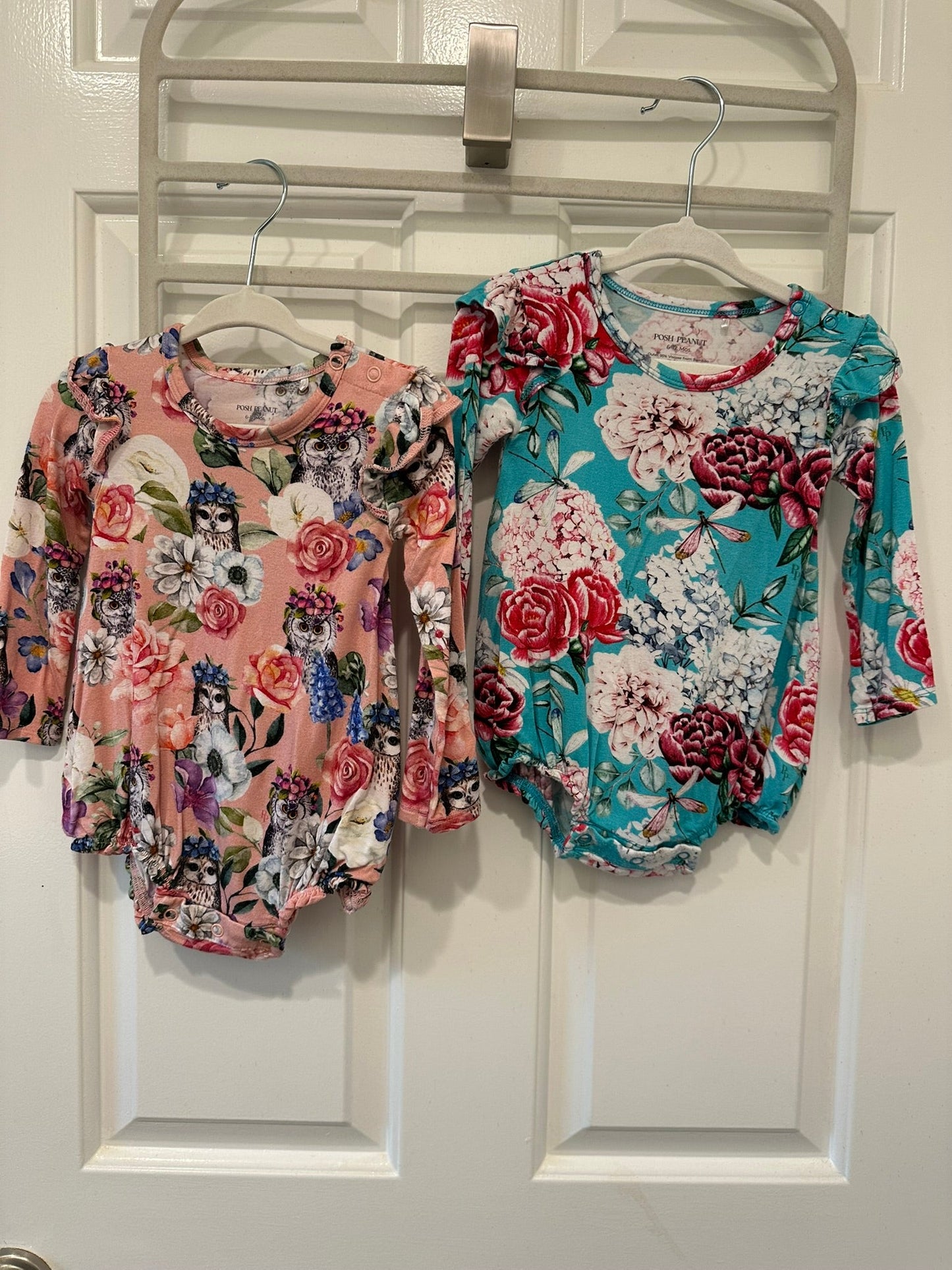 #85 Pair Posh Peanut Long sleeve floral & Owl Bubble, infant girls 6-12m