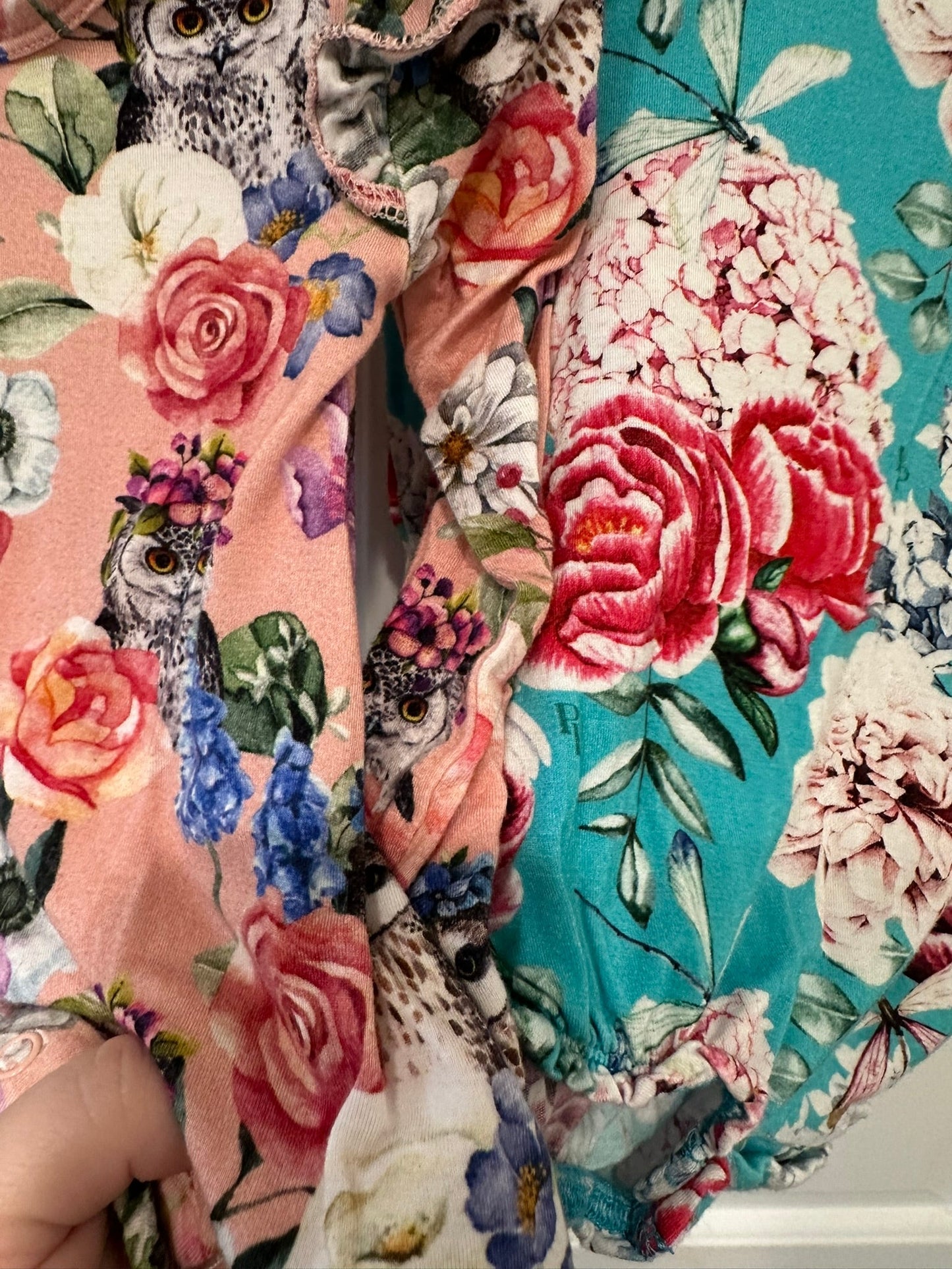#85 Pair Posh Peanut Long sleeve floral & Owl Bubble, infant girls 6-12m