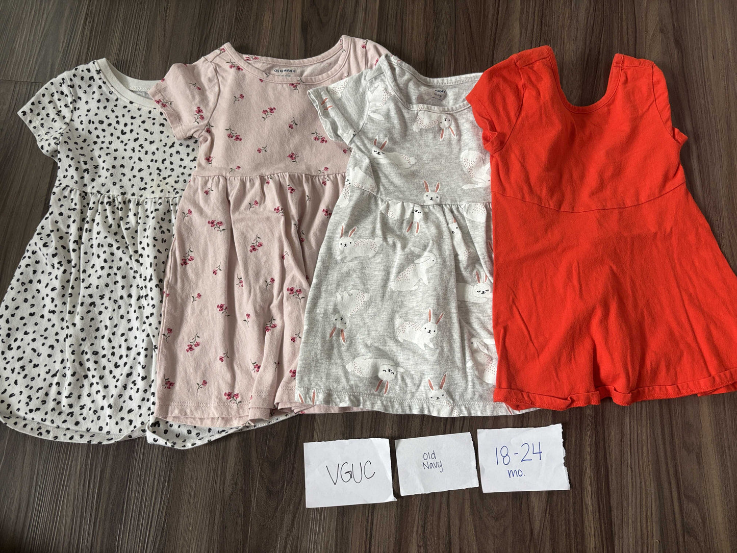 #138 - 18-24 Mo VGUC Old navy (4) Dresses (whit dot, pink floral, bunny, red)