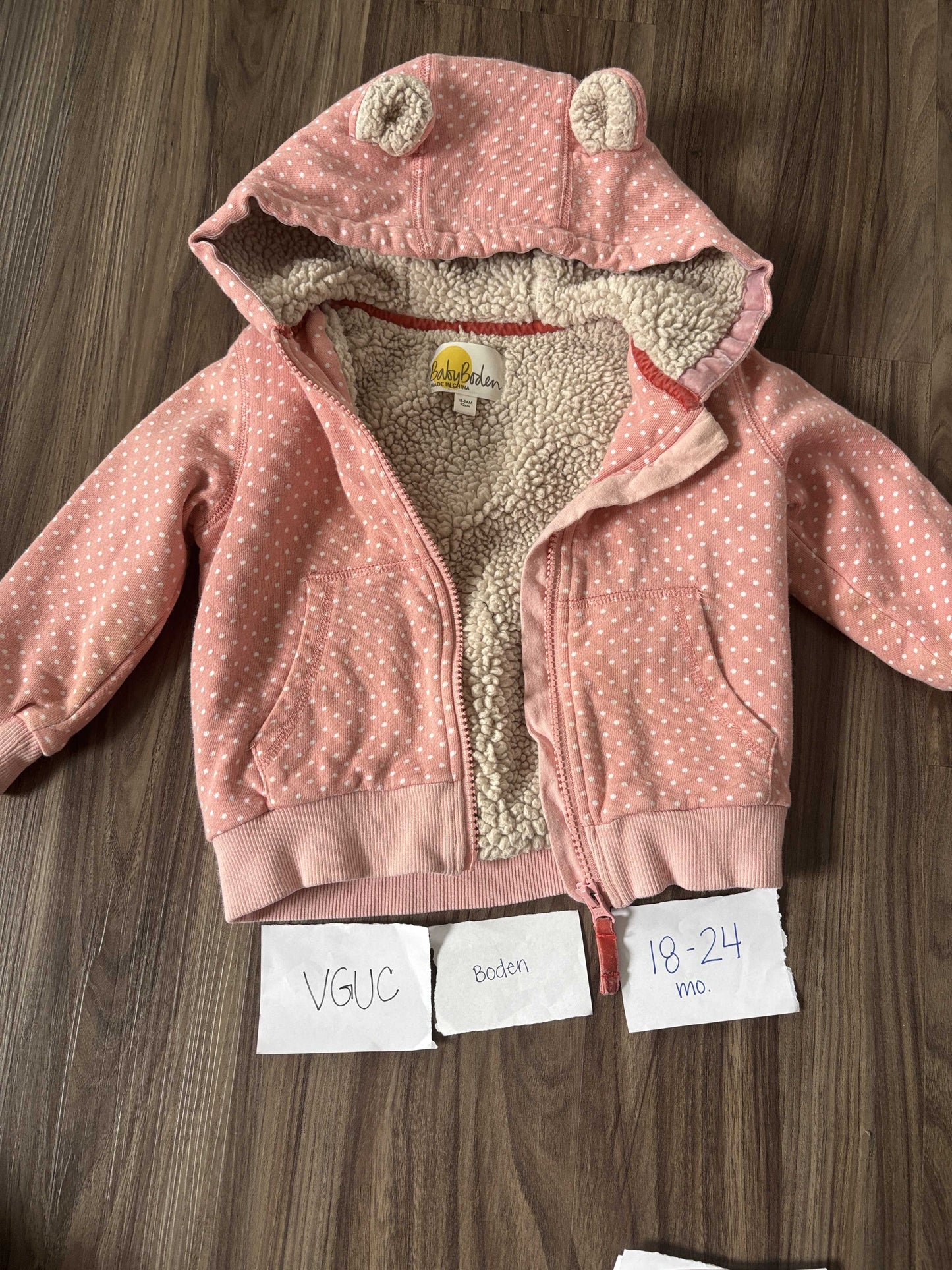 #138 - 18-24 Mo - VGUC Boden - Pink Dot Fuzzy Zip Up Sweater - PU 45236