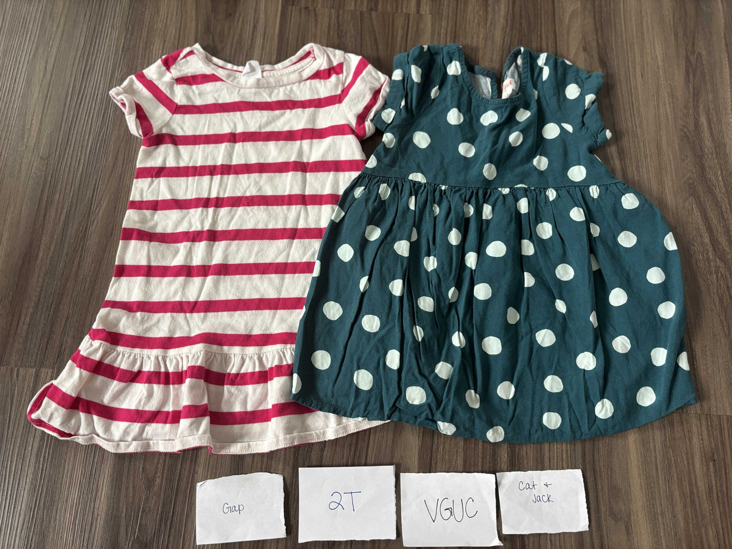 #138 - 2T - VGUC Cat & Jack/Gap (2) Dresses (pink stripe + blue dot)