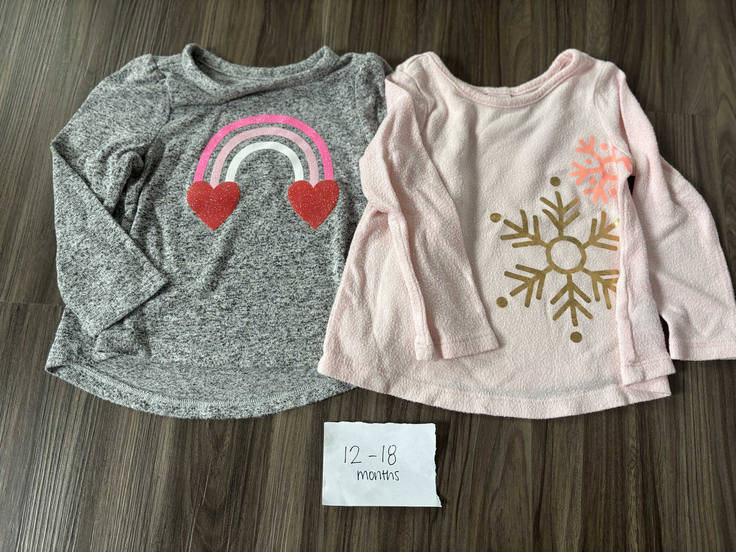 #138 - 12-18 Mo - VGUC 2 LS Shirts (grey rainbow + pink snowflake) - PU 45236