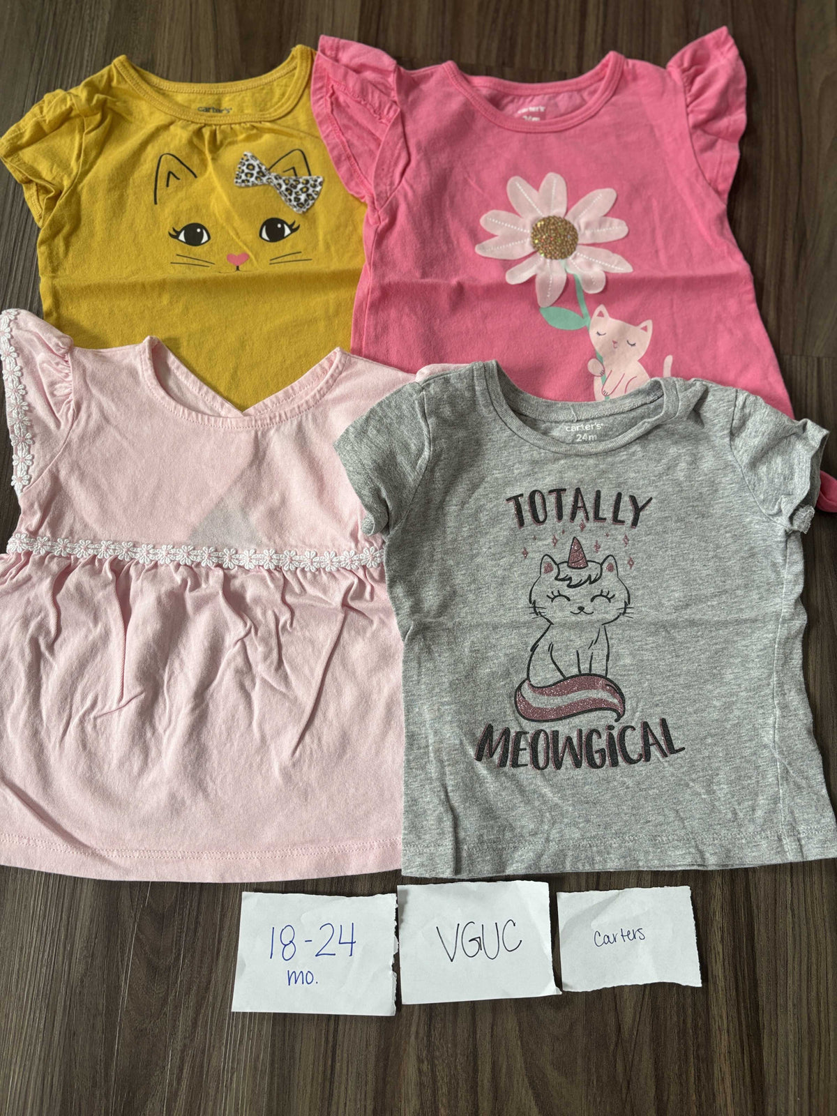 #138 - 18-24 Mo VGUC Carters (4) Shirts (cat, flower, pink, meowgical)