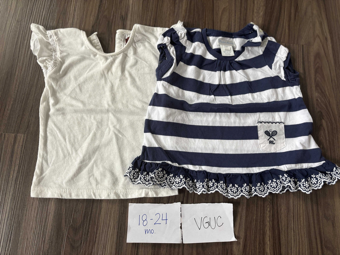 #138 - 18-24 Mo VGUC Ralph Lauren (2) Shirts (white, navy/white stripe)