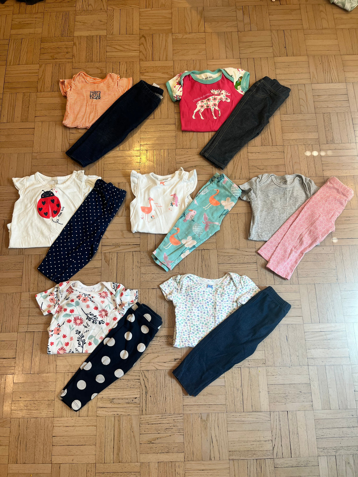 #195 Girls 12 month fall onesie bodysuit bundle with matching pants, seven sets