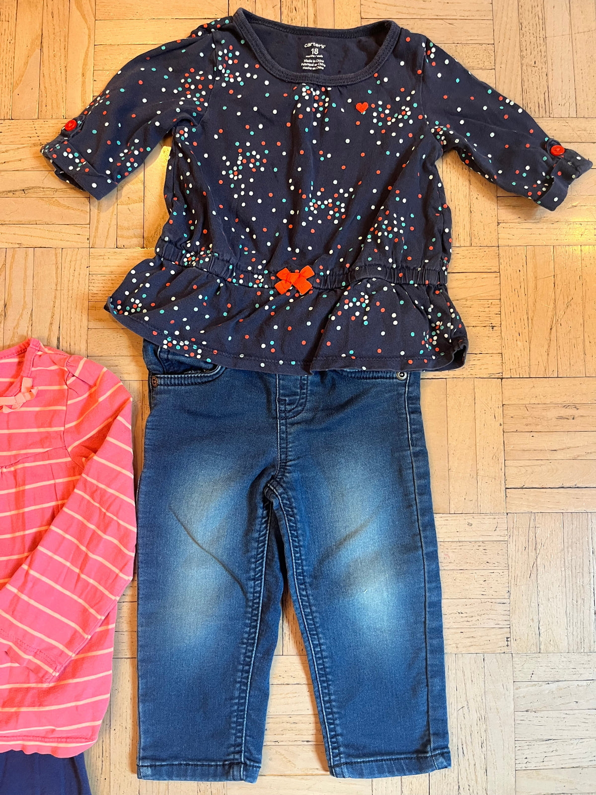 #195 Girls 18 month fall outfit bundle, set of three long sleeve shirts with pants
