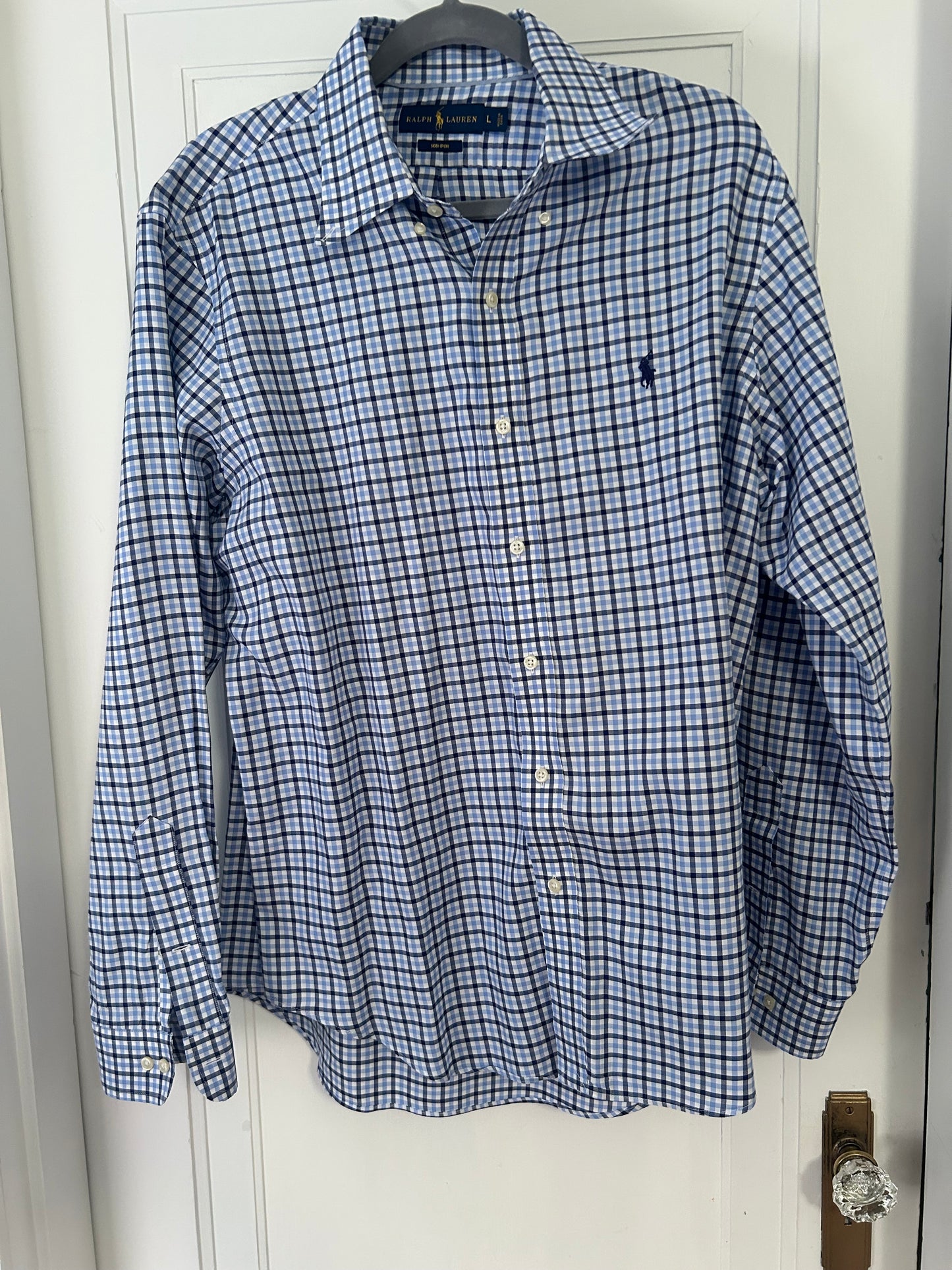Seller #145 Men’s size large Ralph Lauren blue checked shirt VGUC